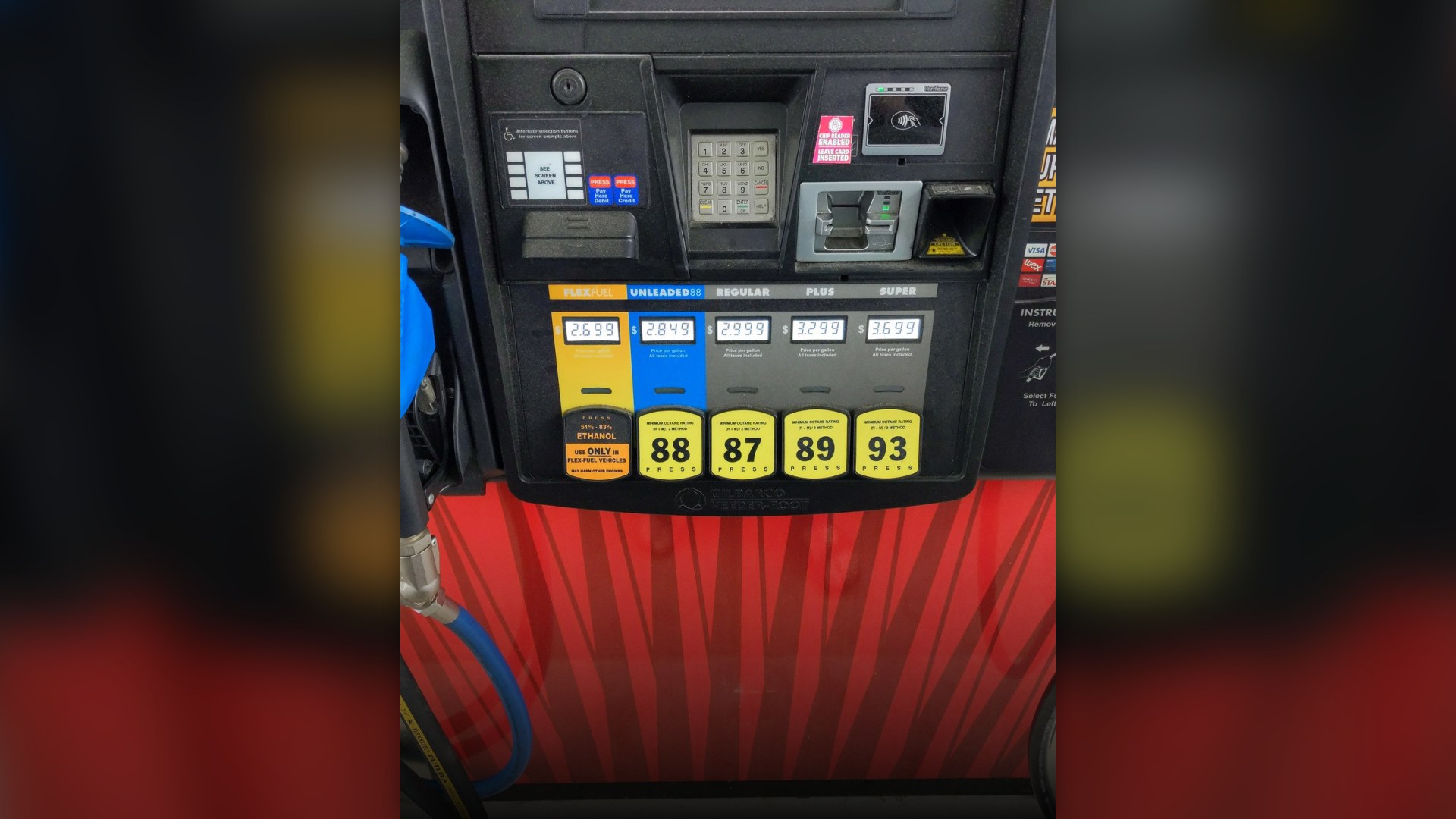 Gas station fuel pump with fuel nozzle handles.