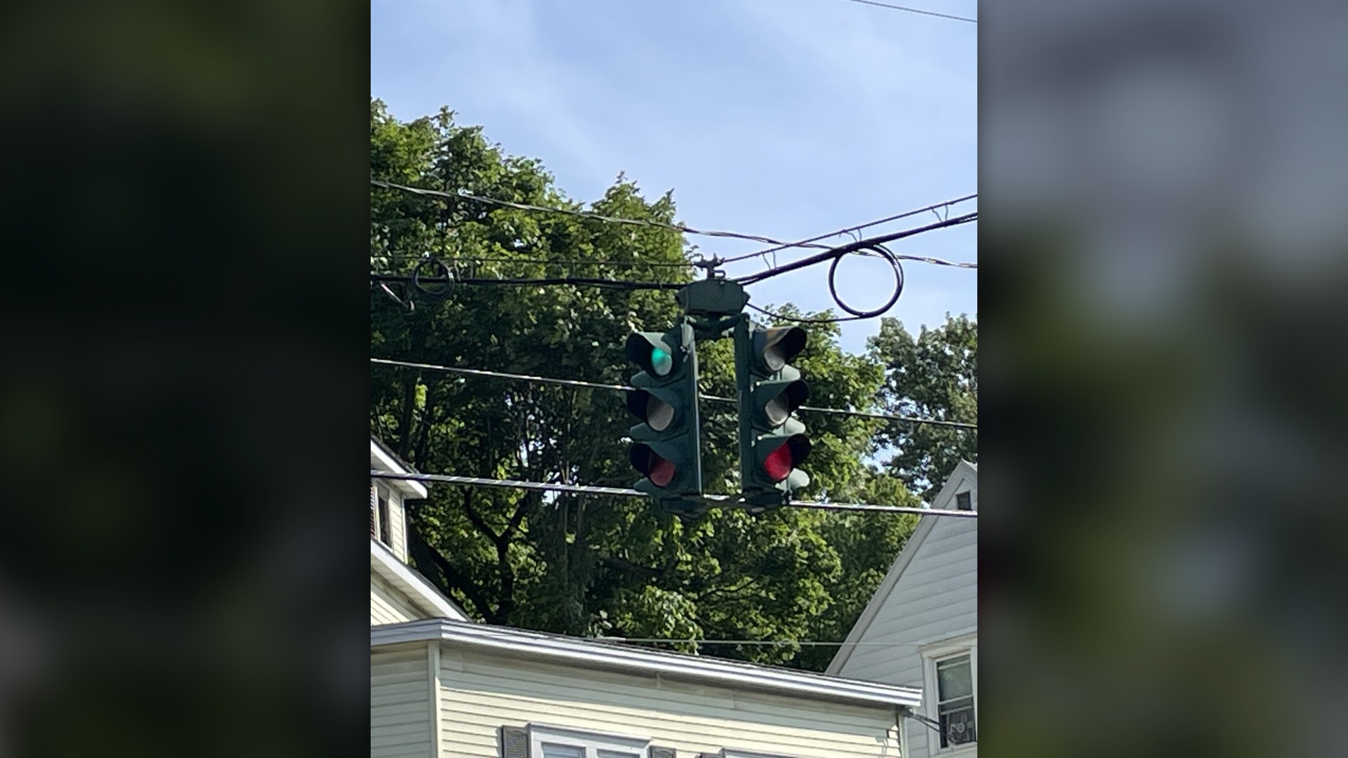 Red traffic light at an American road intersection