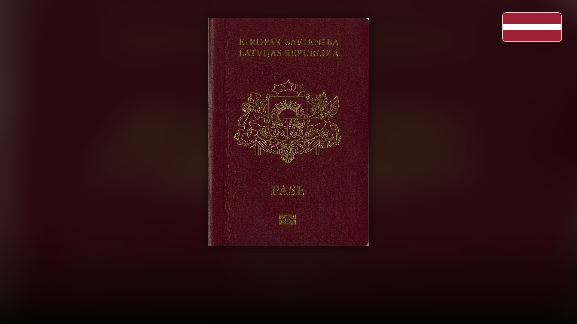 Burgundy cover of the Republic of Latvia biometric passport with the national coat of arms.