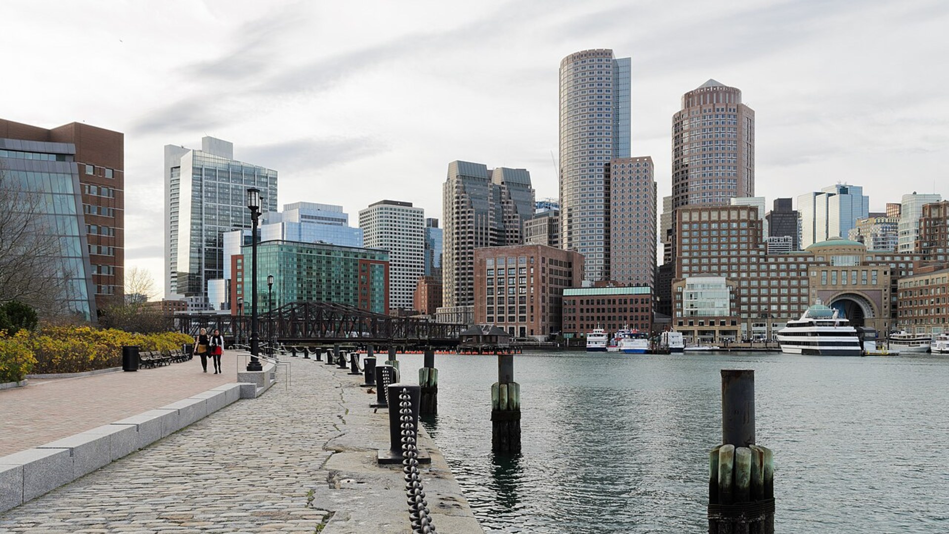 Boston skyline as seen from Fan Pier Park in South Boston.
