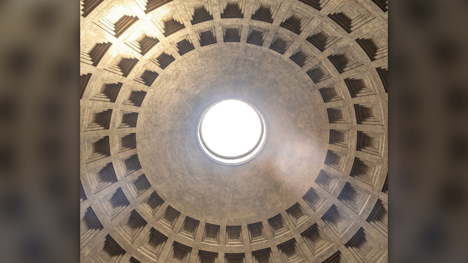 Coffered concrete dome interior and central open oculus of the Roman Pantheon.