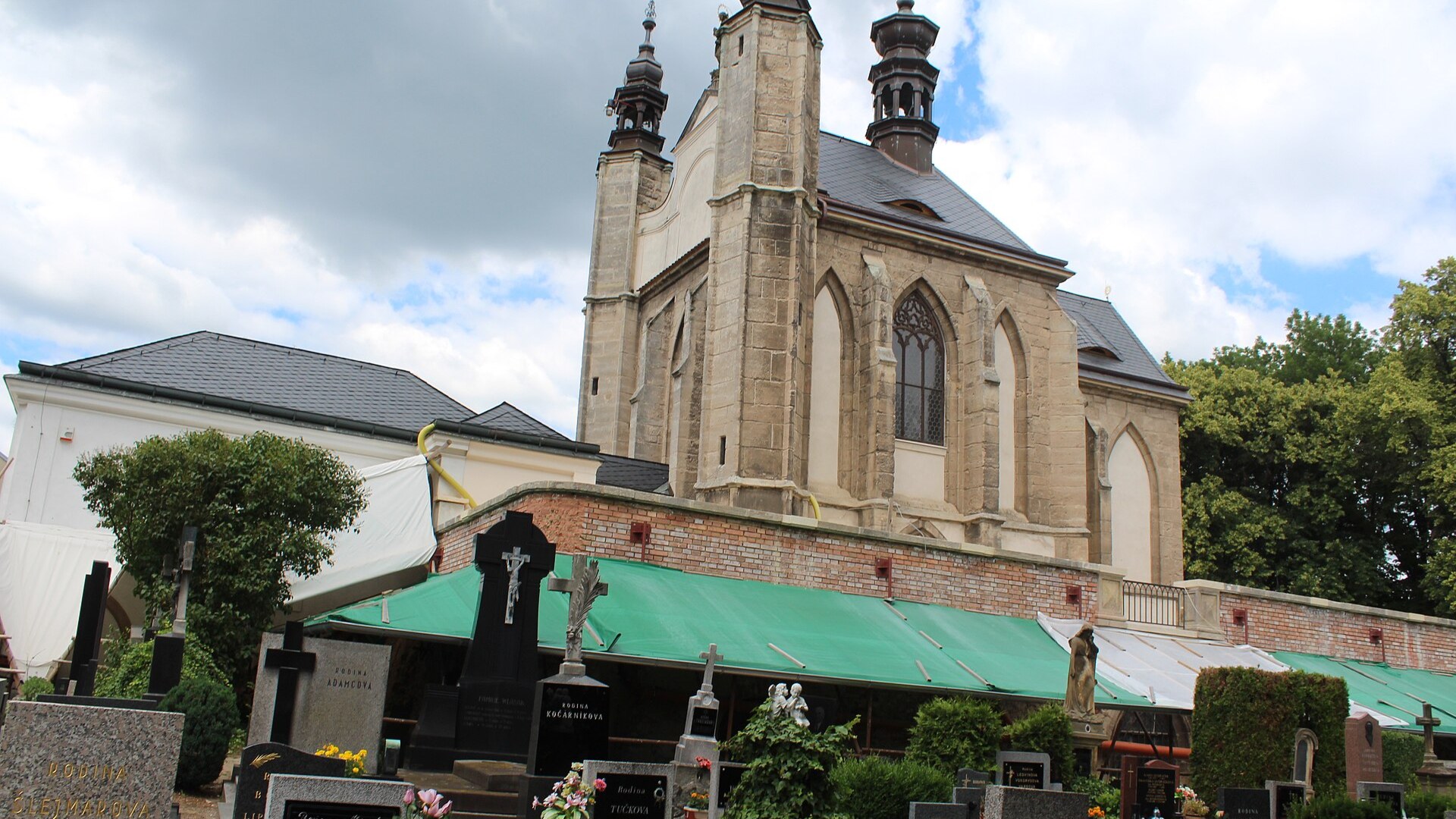 Exterior view of the historic Gothic stone Chapel of All Saints in Sedlec, Kutna Hora