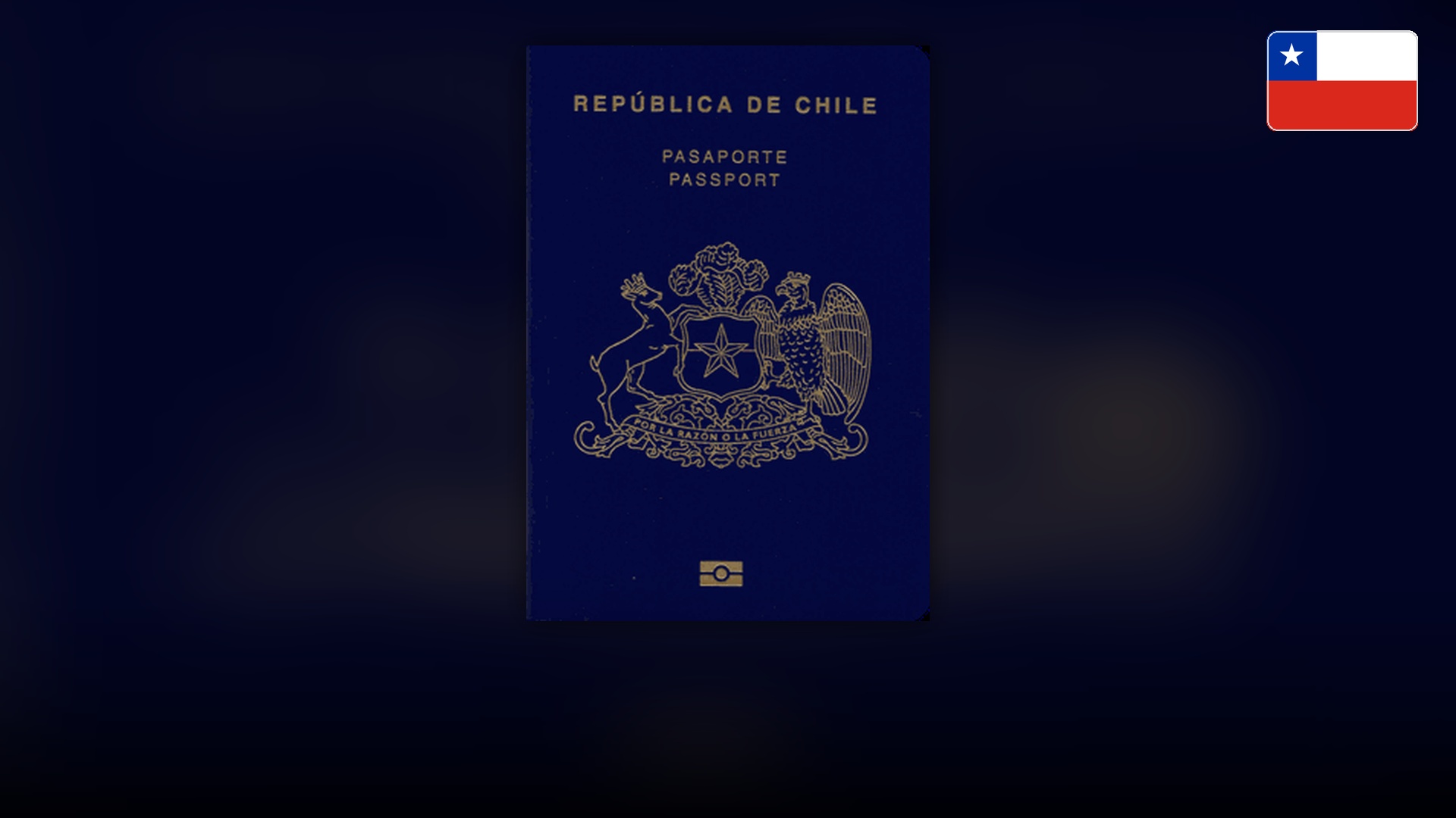 Navy blue Chilean biometric passport cover with the golden national emblem.
