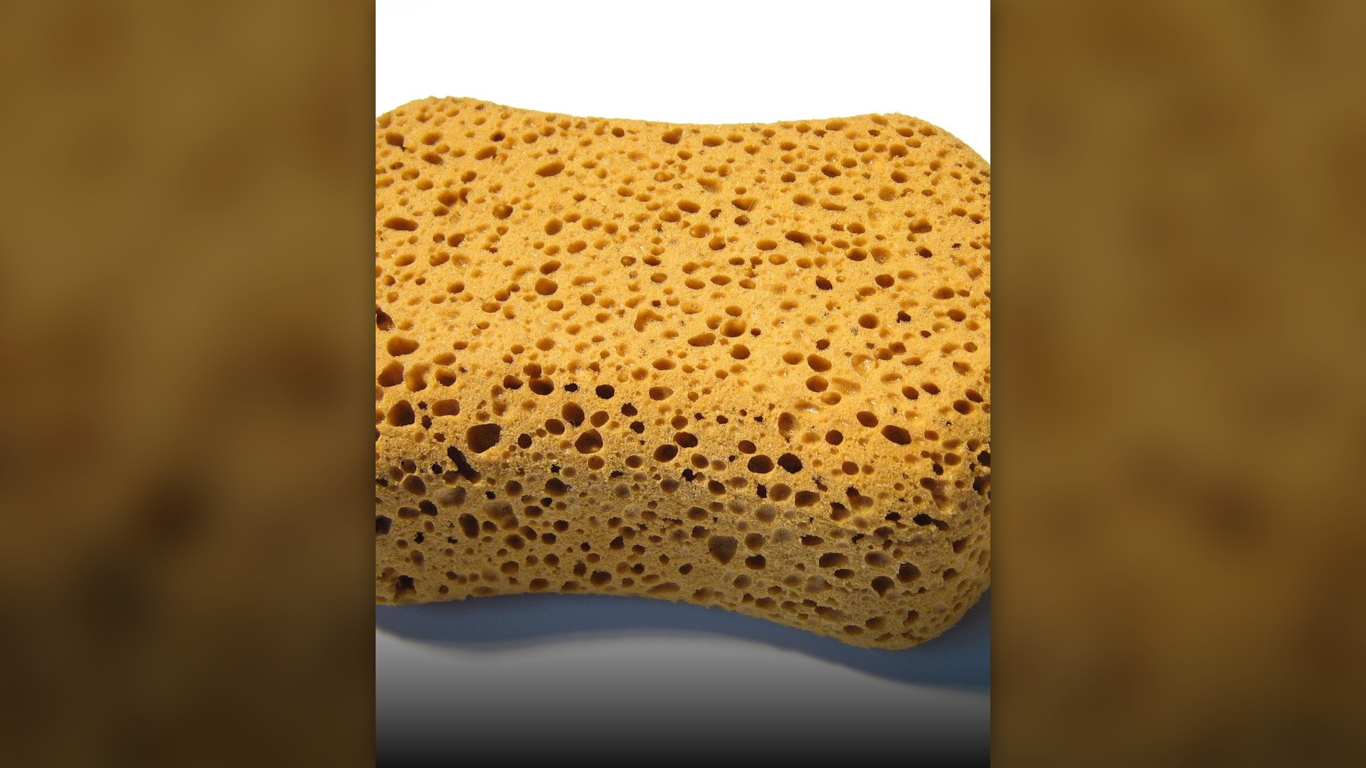 Close-up showing the porous cellulose chambers of a yellow household kitchen sponge.