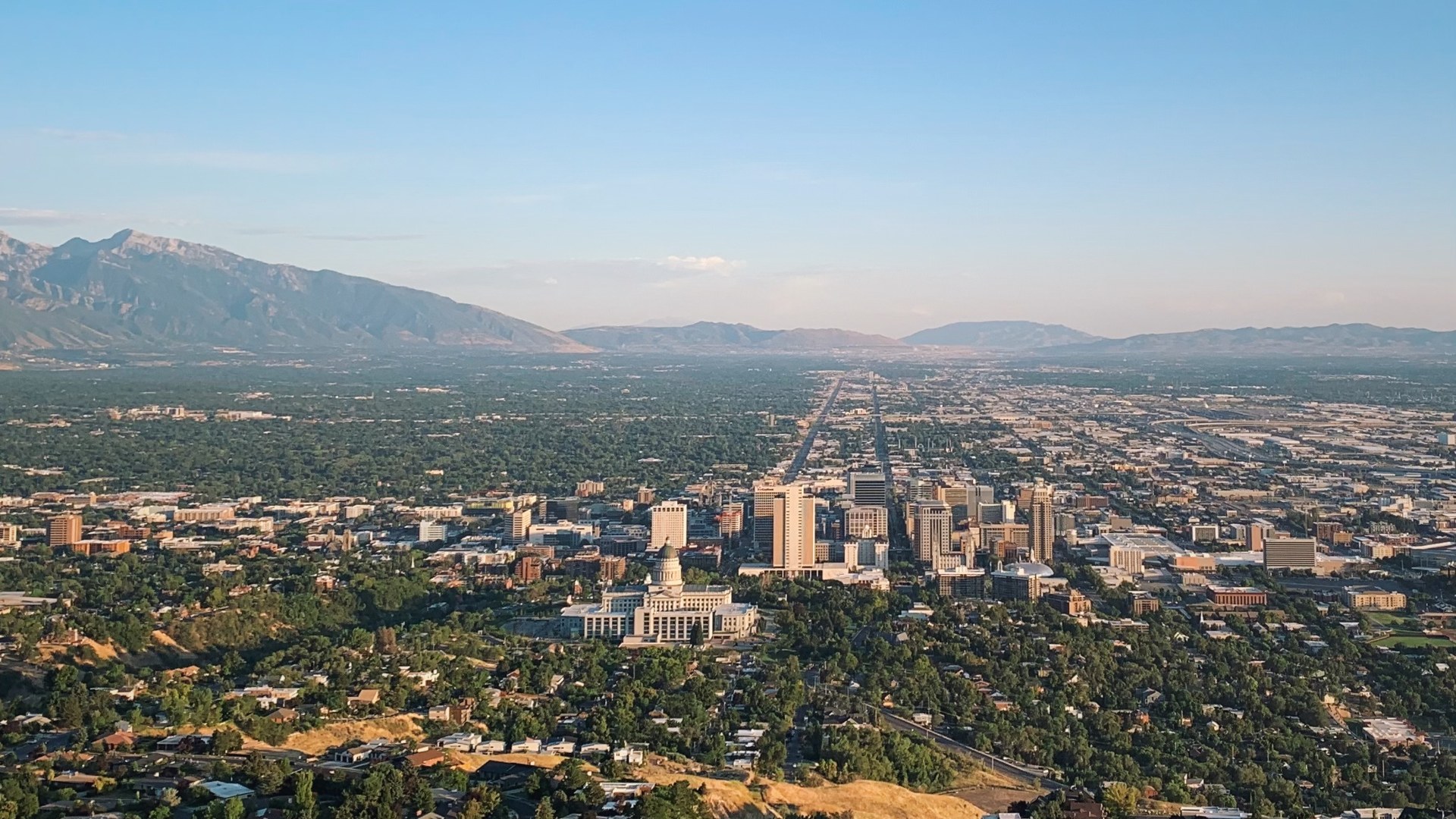 Skyline of Salt Lake City, Utah and the Wasatch Mountains from Ensign Peak.