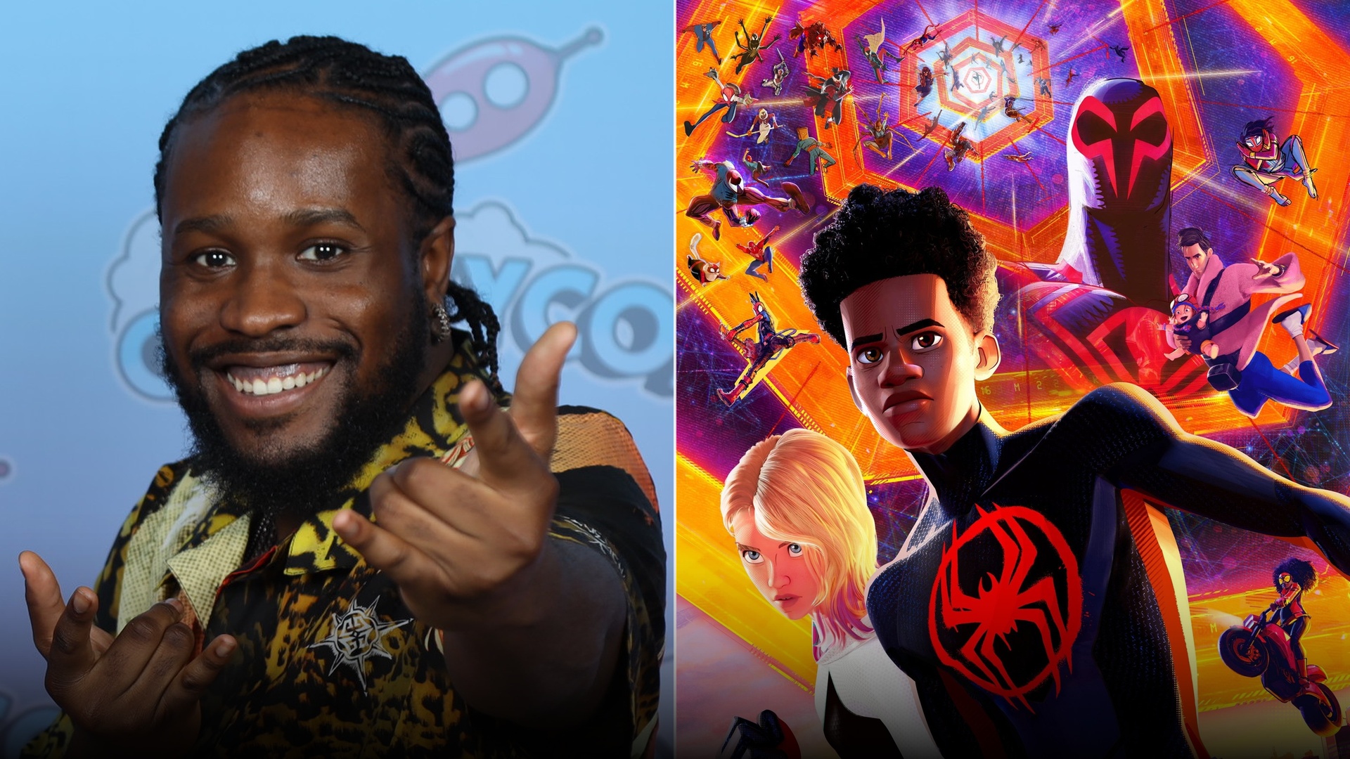 Split view of lead actor Shameik Moore alongside the official Spider-Man: Across the Spider-Verse poster.