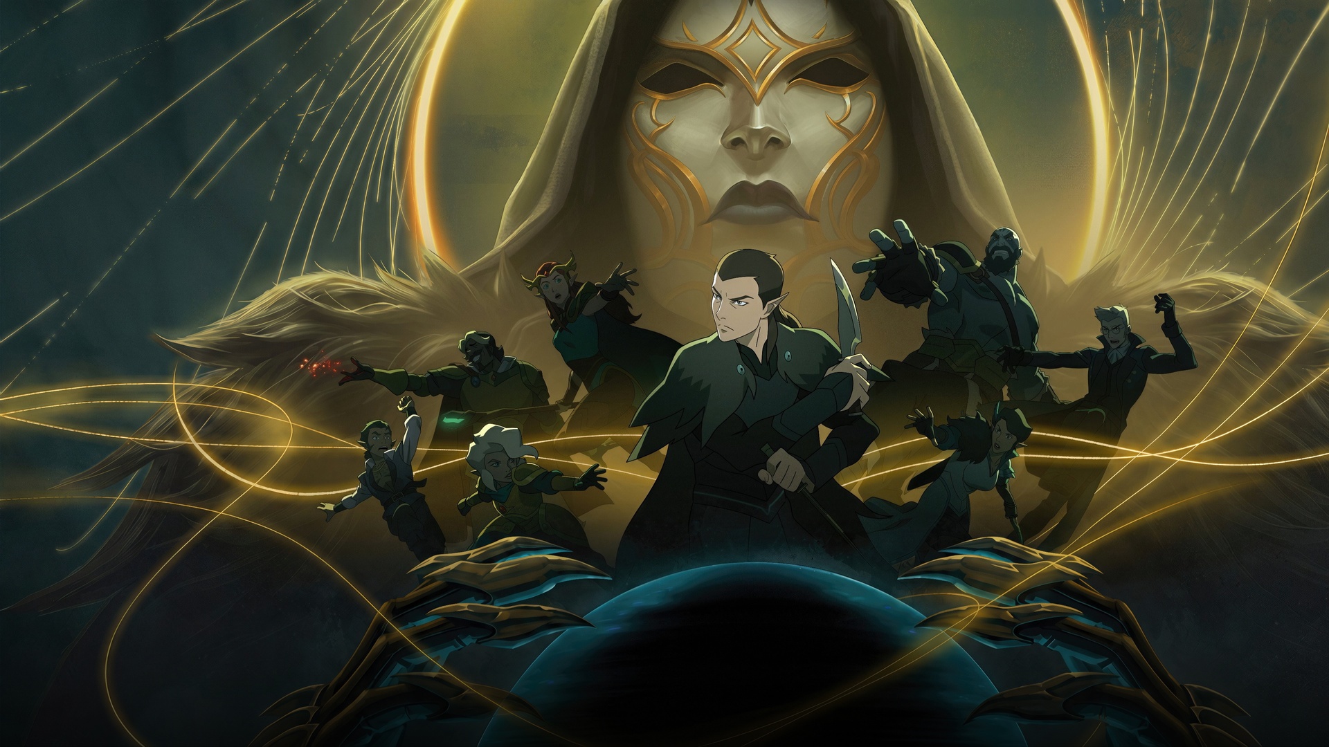 The motley crew of Vox Machina mercenaries unleashing magical attacks during a fierce battle.