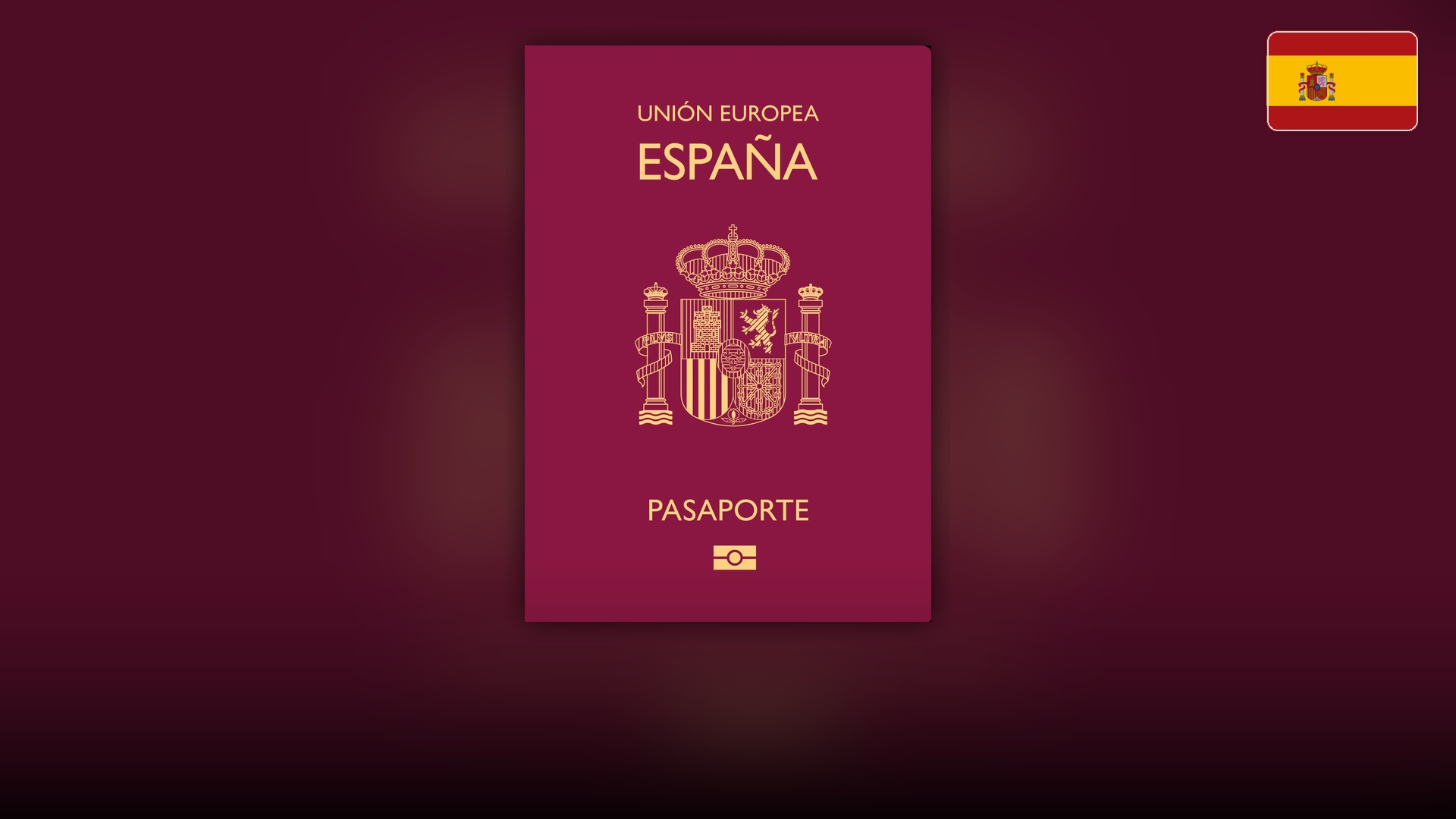 Burgundy Spanish biometric passport cover with the Spanish coat of arms in gold.