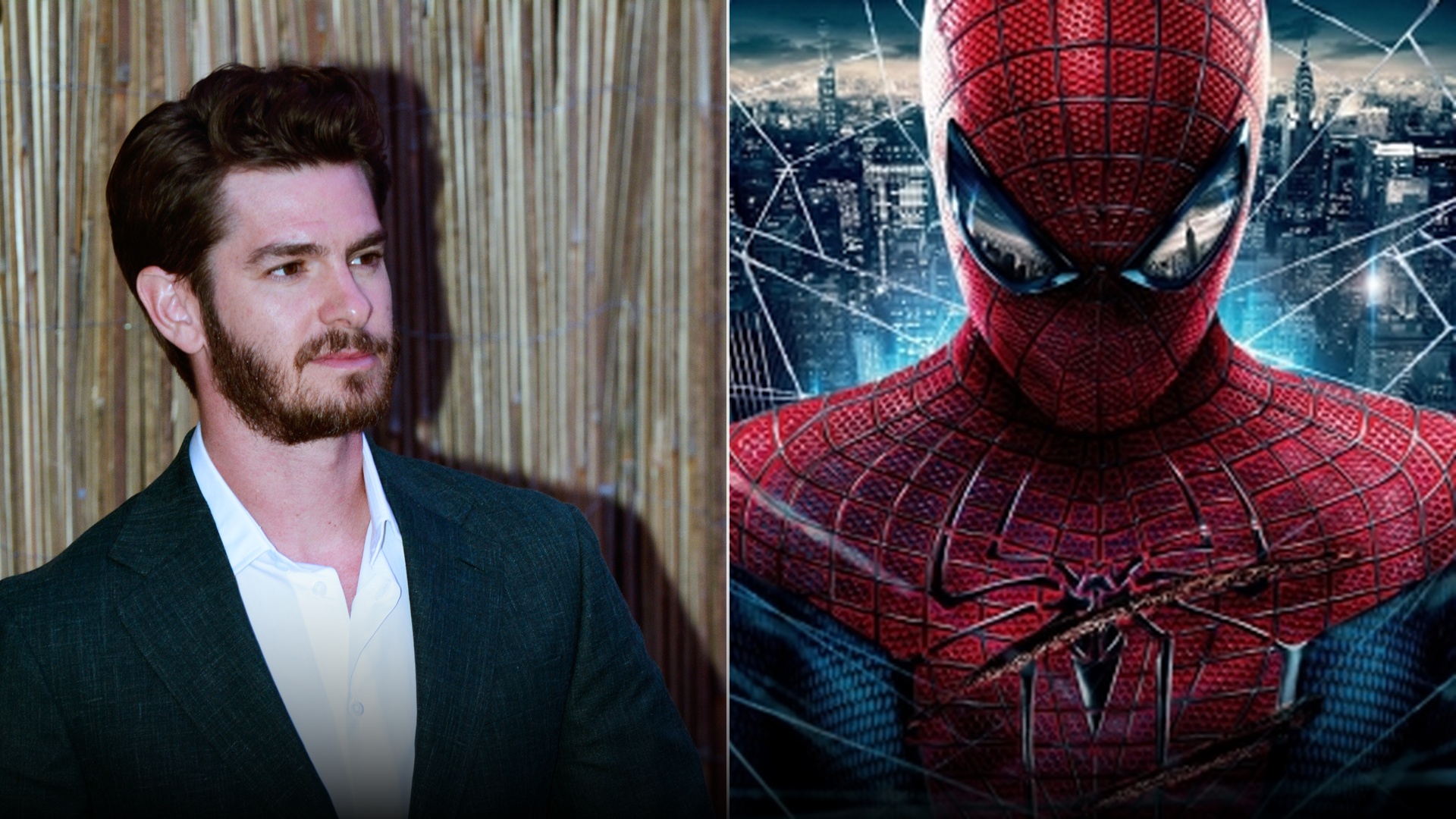 Split view of actor Andrew Garfield alongside the official The Amazing Spider-Man 2012 movie poster.