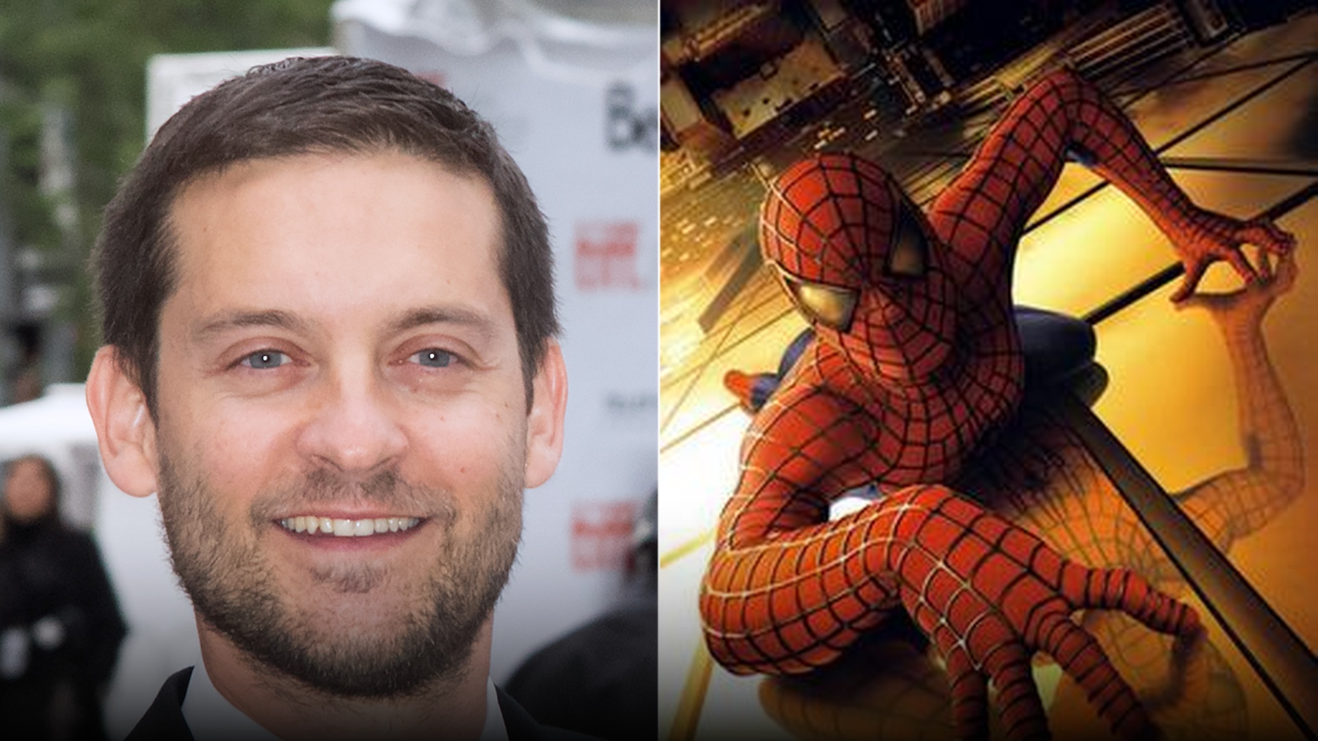 Split view of actor Tobey Maguire alongside the original 2002 Spider-Man movie poster.