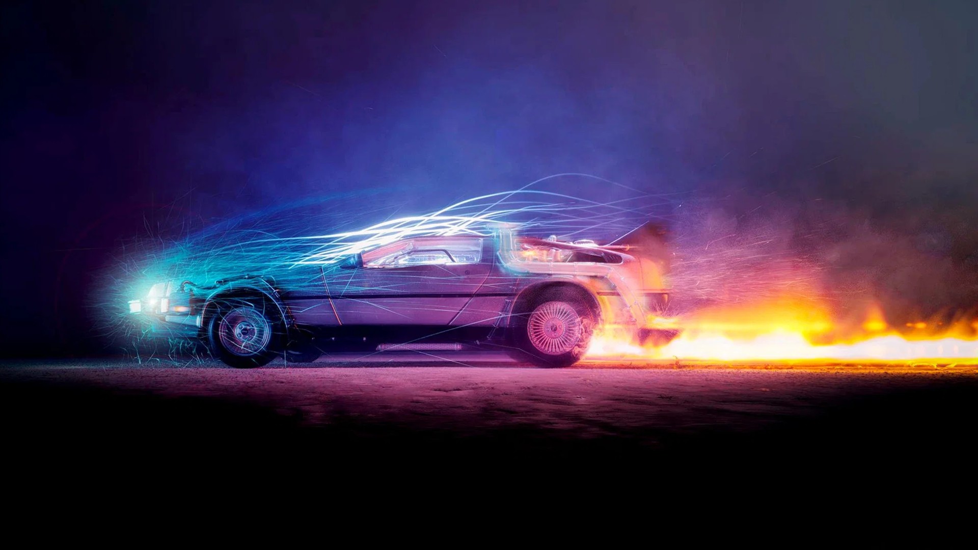 Marty McFly steps out of the gull-wing door of the stainless-steel DeLorean time machine in Back to the Future.