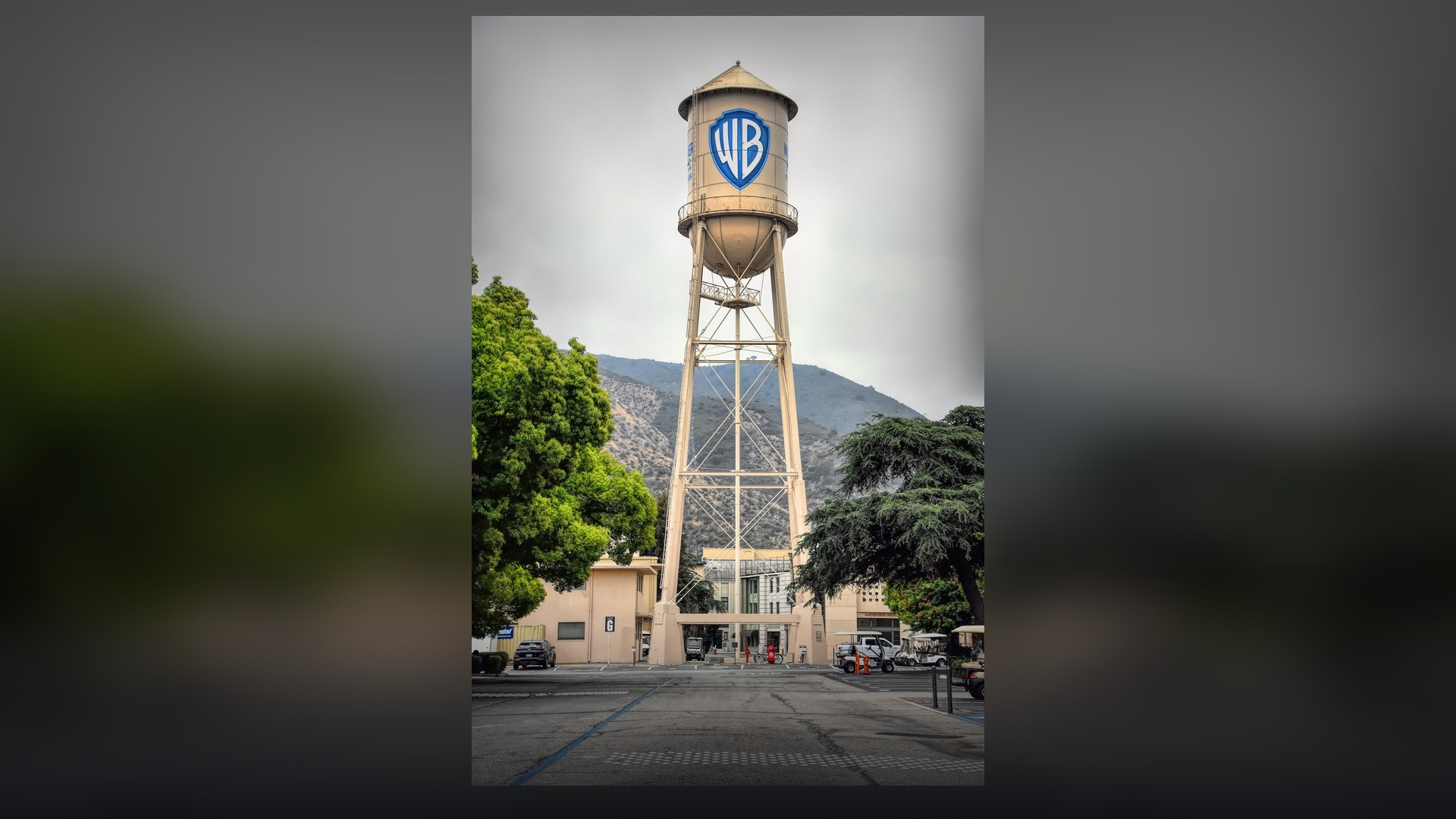 Warner Bros. Studios lot entrance signage and water tower in Burbank