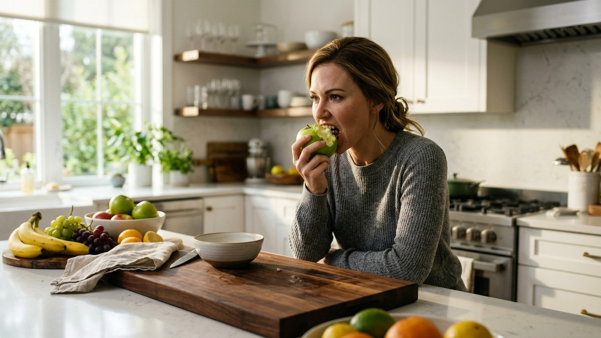 A person biting into a crisp green apple in a sunlit kitchen with sliced fruit on a cutting board.
