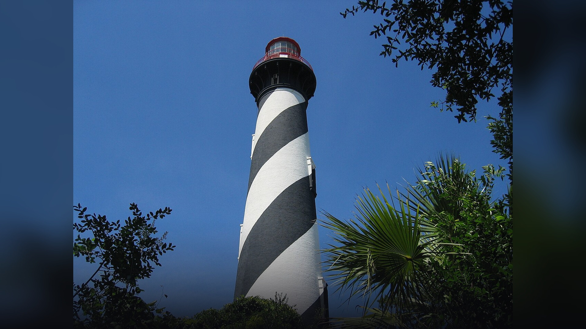 The historic St. Augustine Lighthouse showing its black and white spiraling bands, observation deck, and red lantern against a blue sky framed by coastal palms.