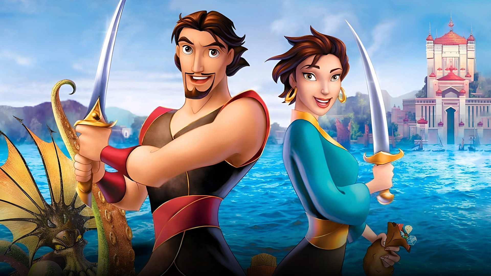 Sinbad and Marina standing back-to-back with curved swords above Syracuse harbor in Sinbad.