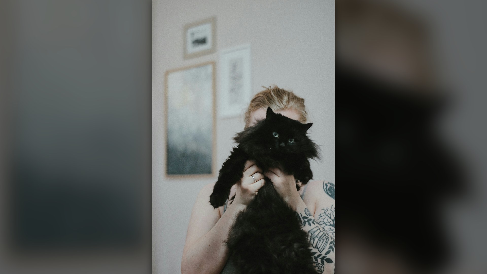 Woman in pink shirt lovingly holding her fluffy black kitten