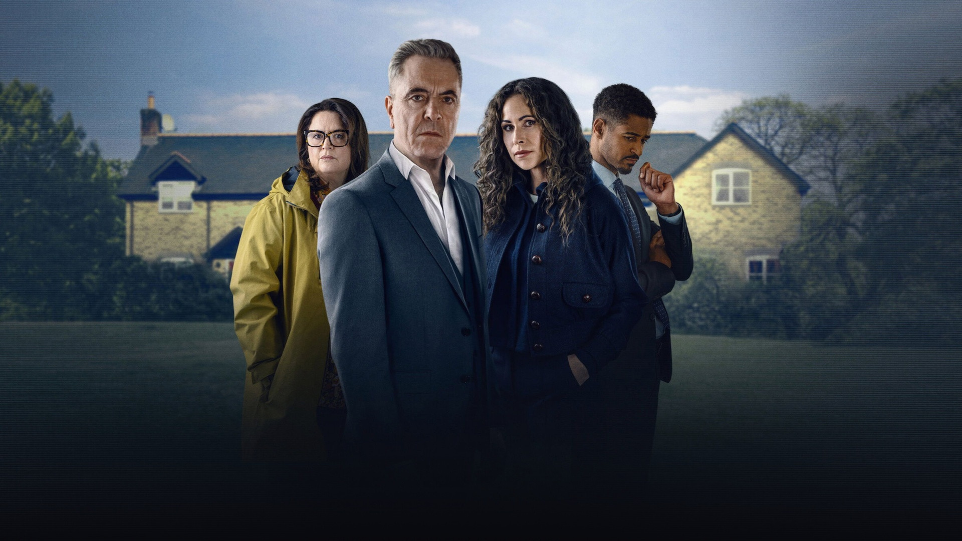 Ensemble cast of Harlan Coben's Run Away standing in front of an upscale suburban brick home.