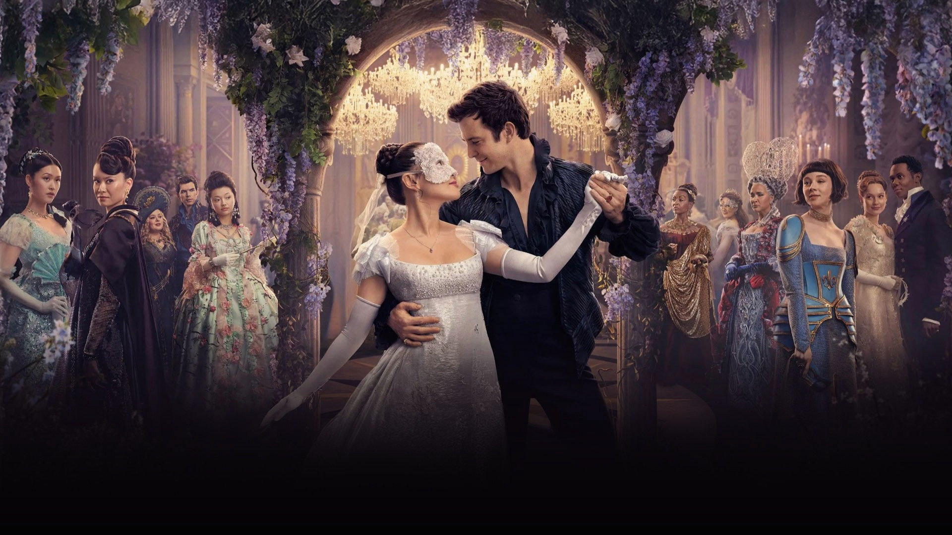 Benedict Bridgerton and Sophie Baek dancing intimately at a lavish Regency masquerade ball.