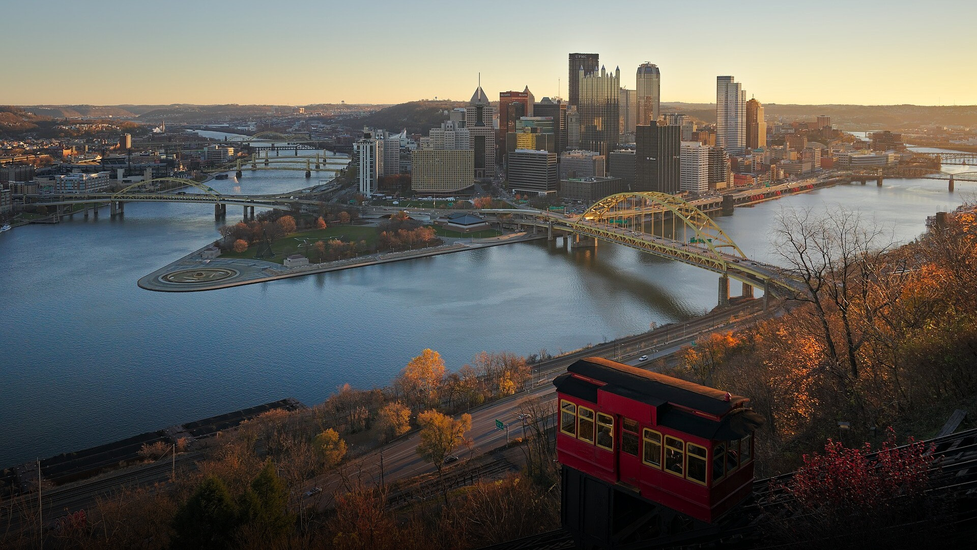 Panoramic view of downtown Pittsburgh bridges and rivers viewed from the Duquesne Incline.