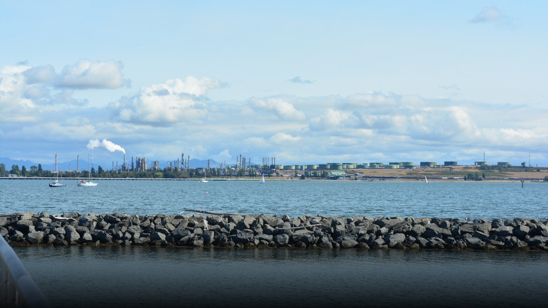 Oil refinery towers and processing units in Anacortes, Washington.