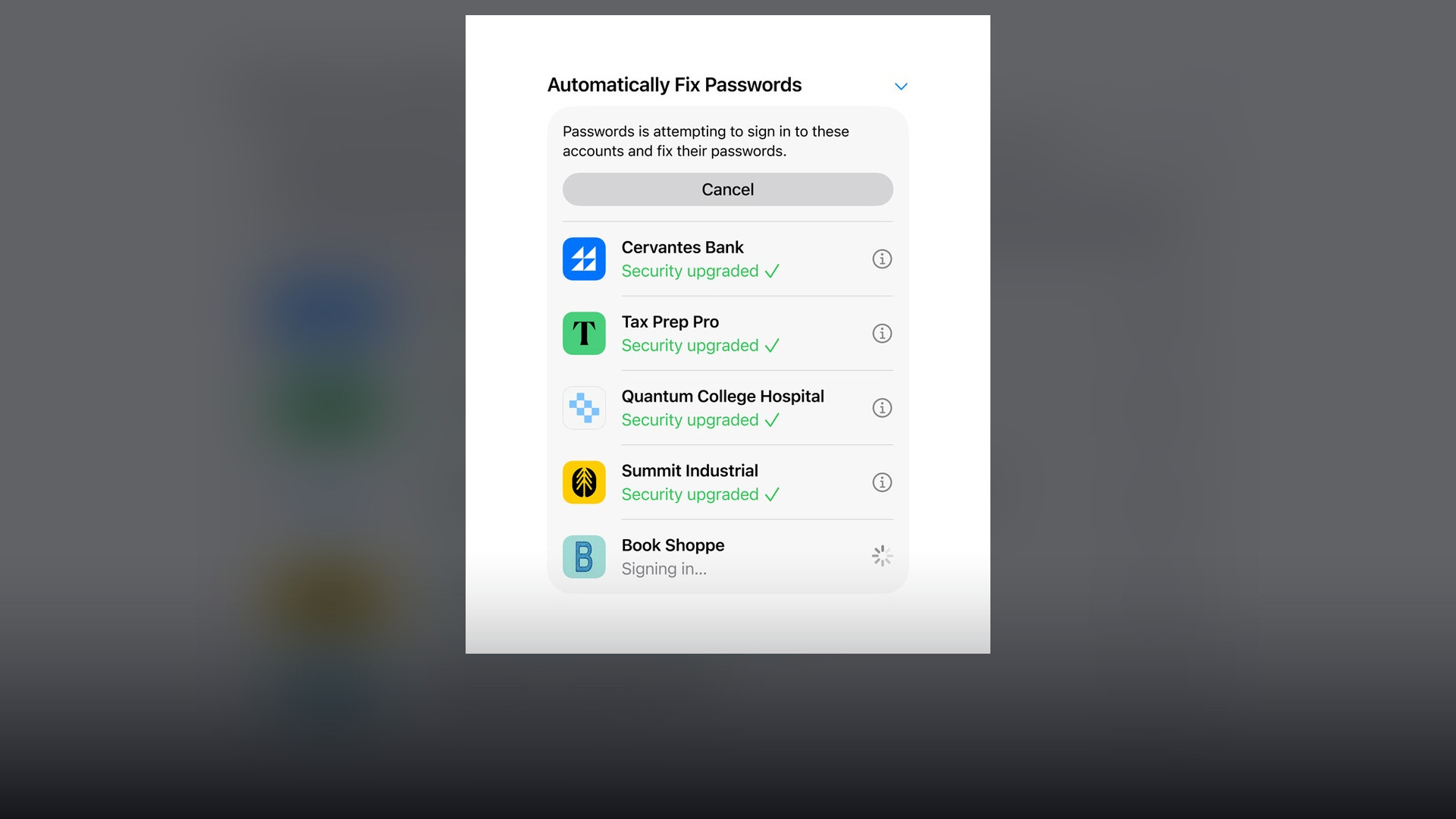 Apple Passwords app interface displaying automated security credential updates.