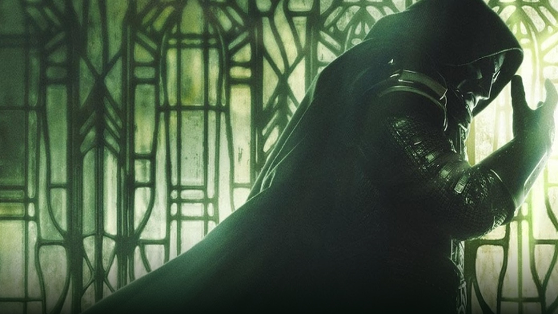 Doctor Doom wearing his ominous metal mask and hooded green cloak under dramatic dark lighting.