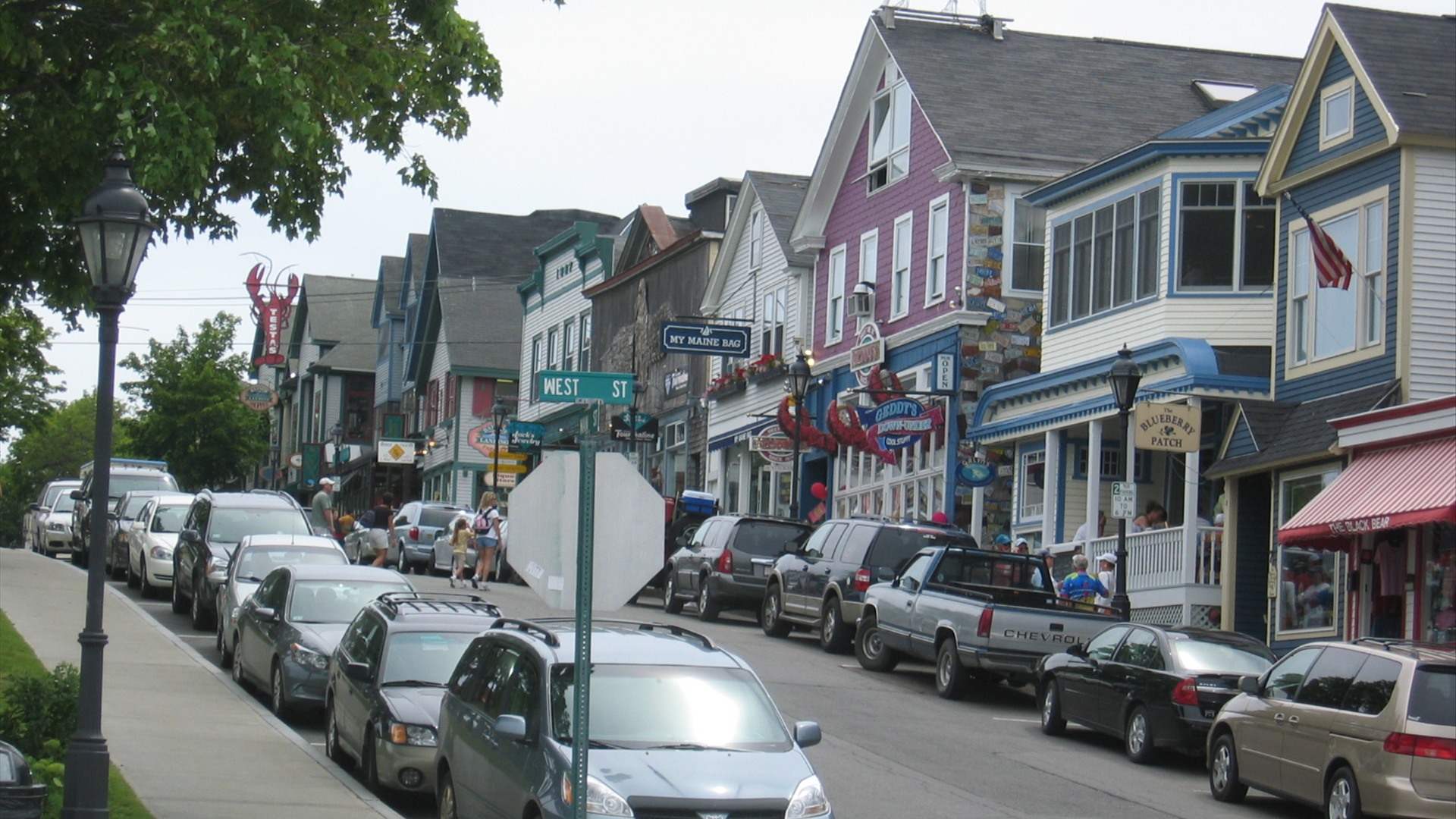 Historic coastal New England storefronts along Main Street in Bar Harbor, Maine