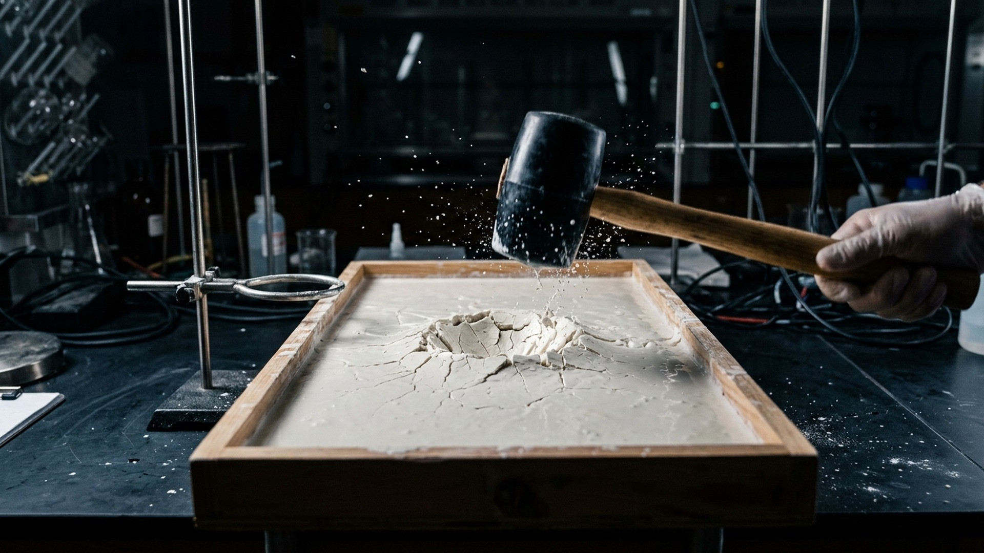 A fist striking the surface of a milky white non-newtonian fluid in a ceramic bowl, the liquid fracturing like solid stone.