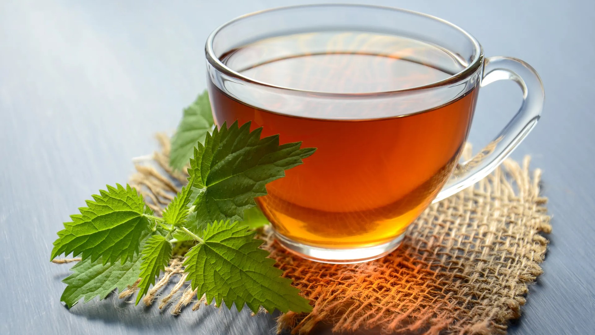 Glass cup of brewed tea with yellow flowers on burlap