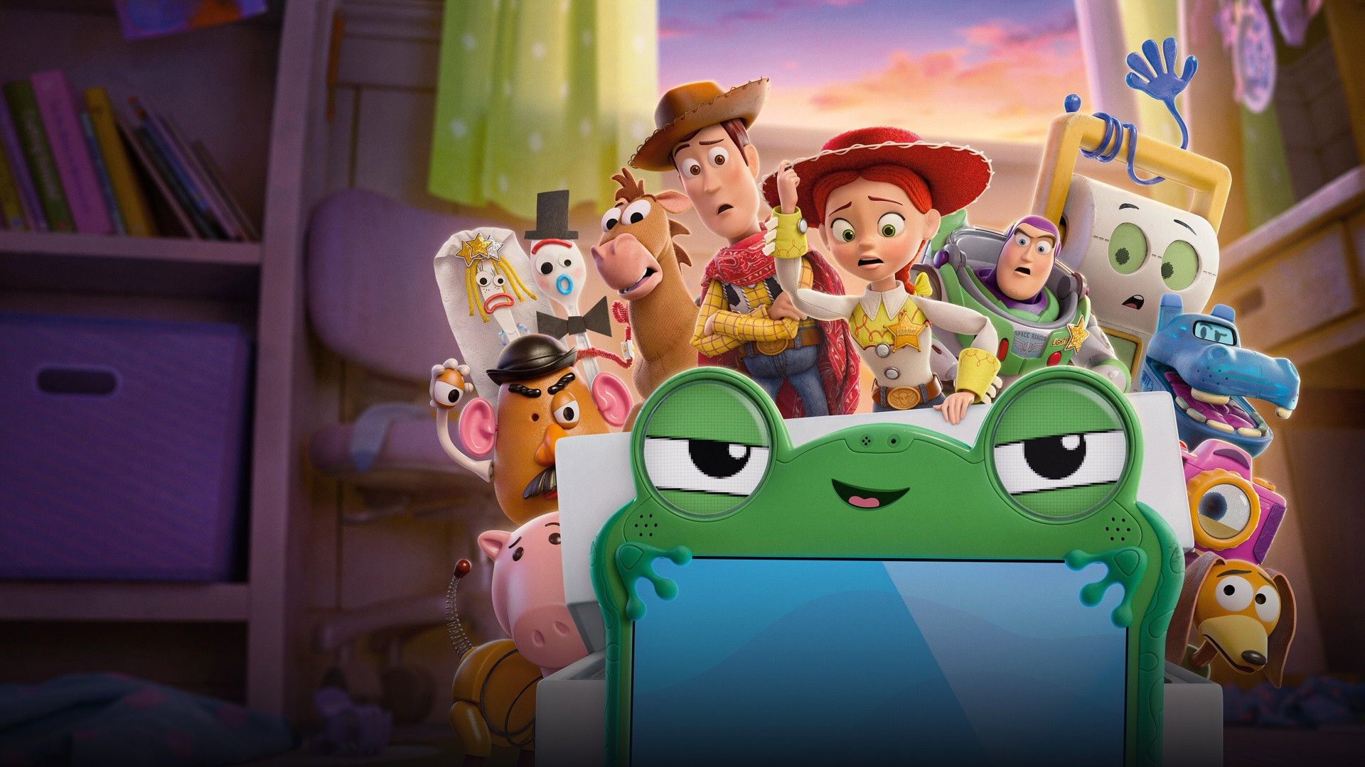 Woody, Buzz Lightyear, and Jessie looking curiously down at a glowing touchscreen tablet in Andy's room.