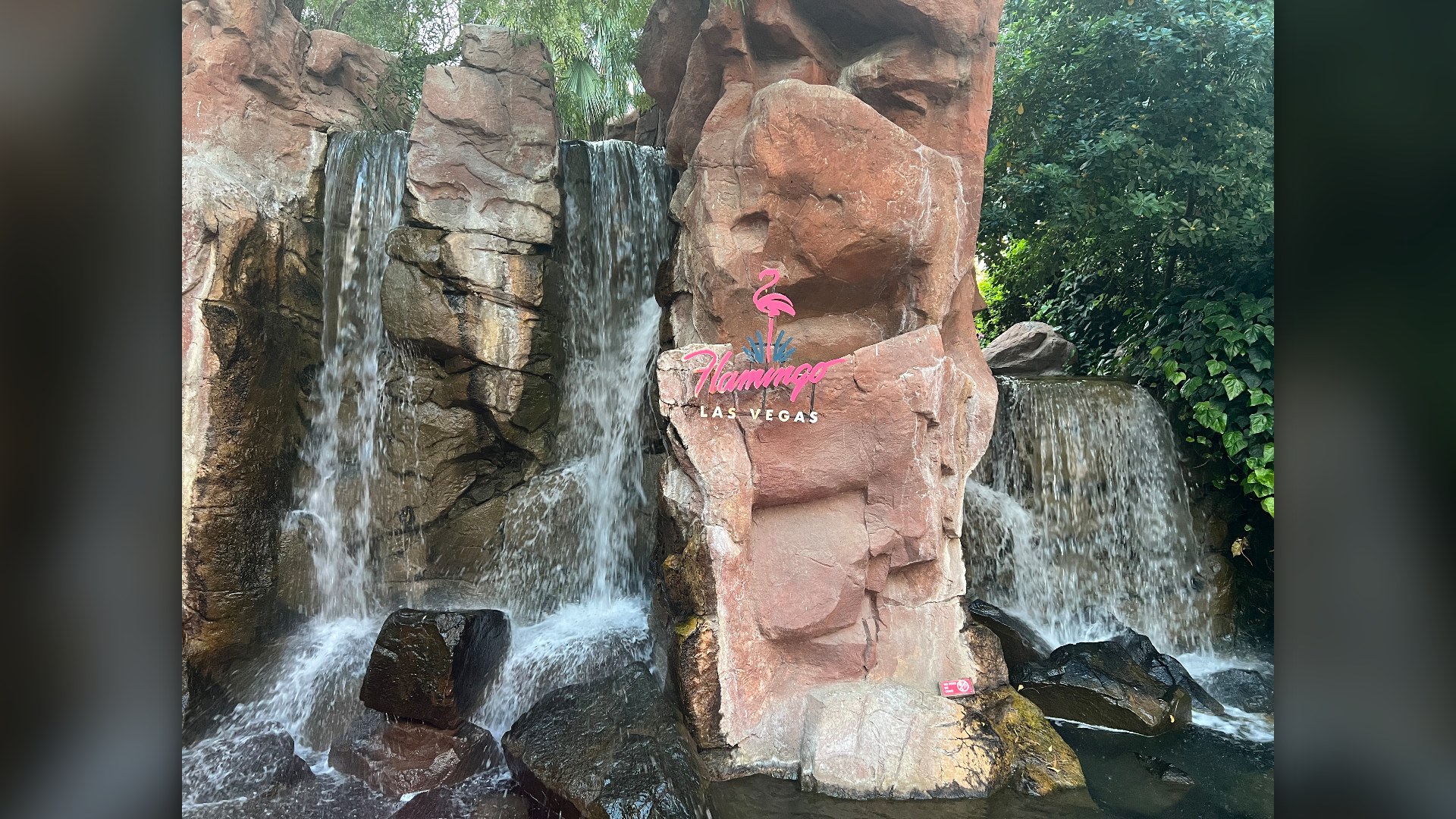 Exterior enclosure and rock waterfalls at Flamingo Las Vegas