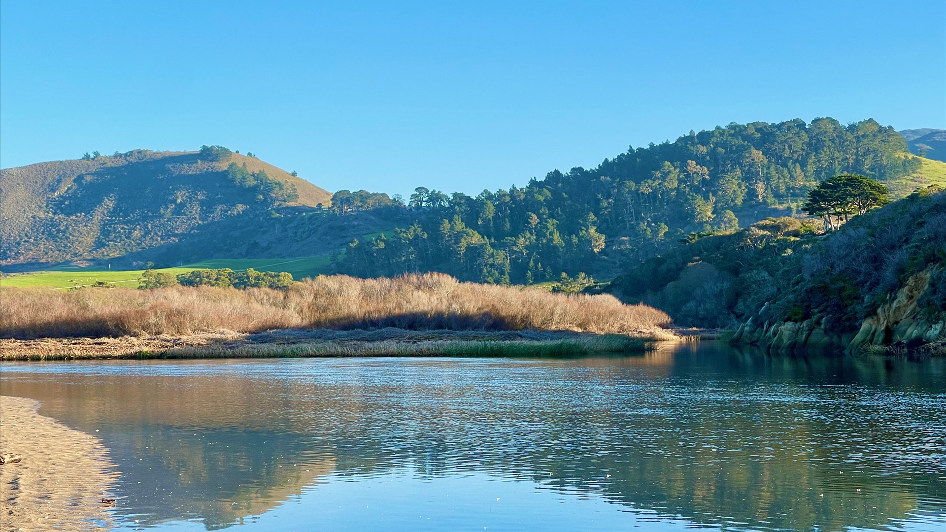 White sand beach, turquoise Pacific surf, and coastal hills at Carmel-by-the-Sea, California