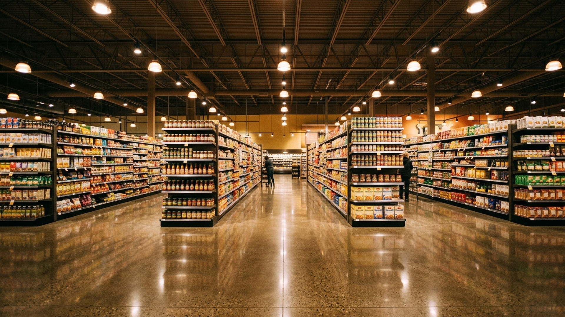 Artistic perspective looking between symmetrical tall supermarket aisles with warm atmospheric lighting.