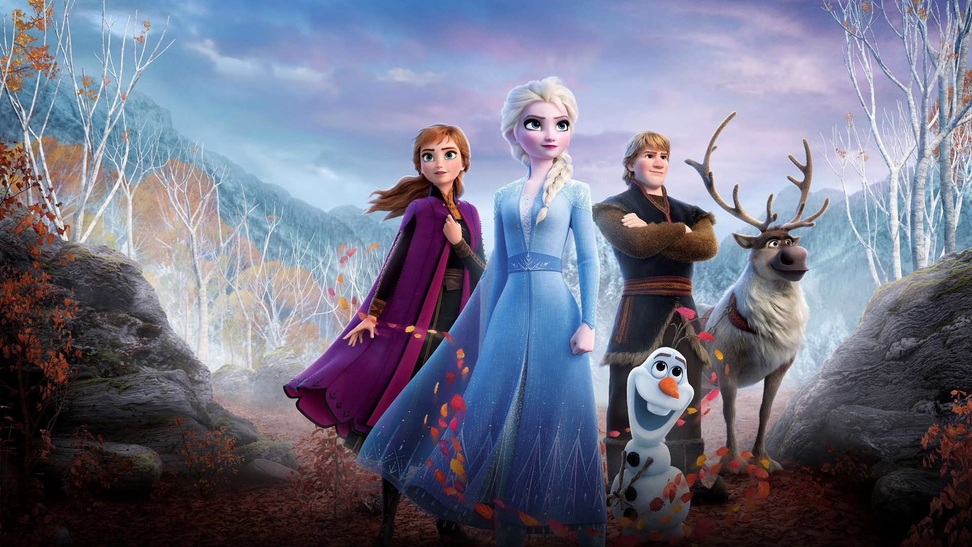 Elsa and Anna walking alongside Olaf through an enchanted autumnal forest.