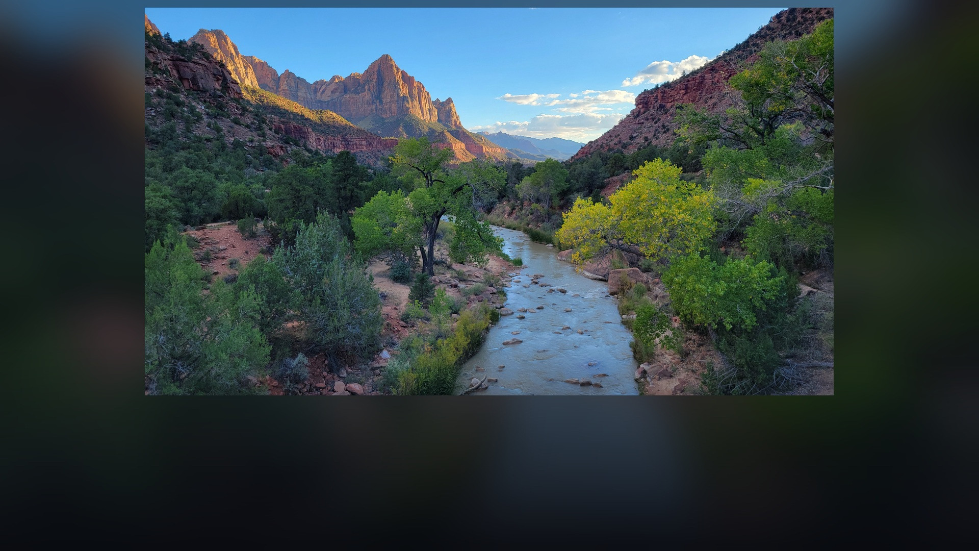 Panoramic landscape vista of Zion National Park showing natural geological formations, terrain, and wilderness.