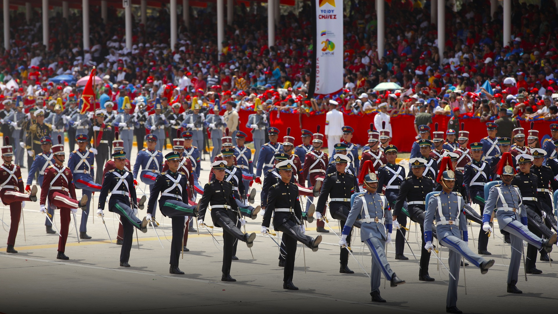 Venezuelan military armed forces in full ceremonial uniform and formation.