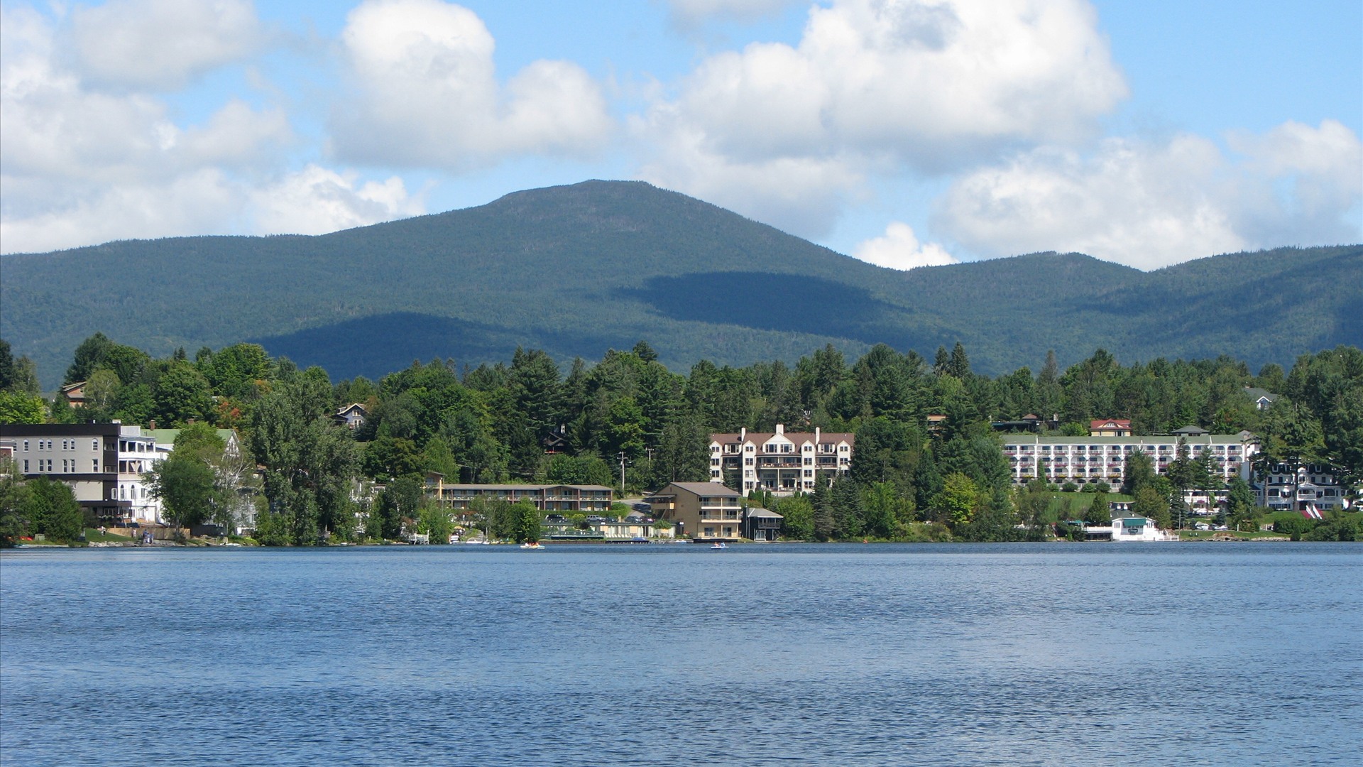 Mirror Lake and Adirondack mountains in Lake Placid, New York