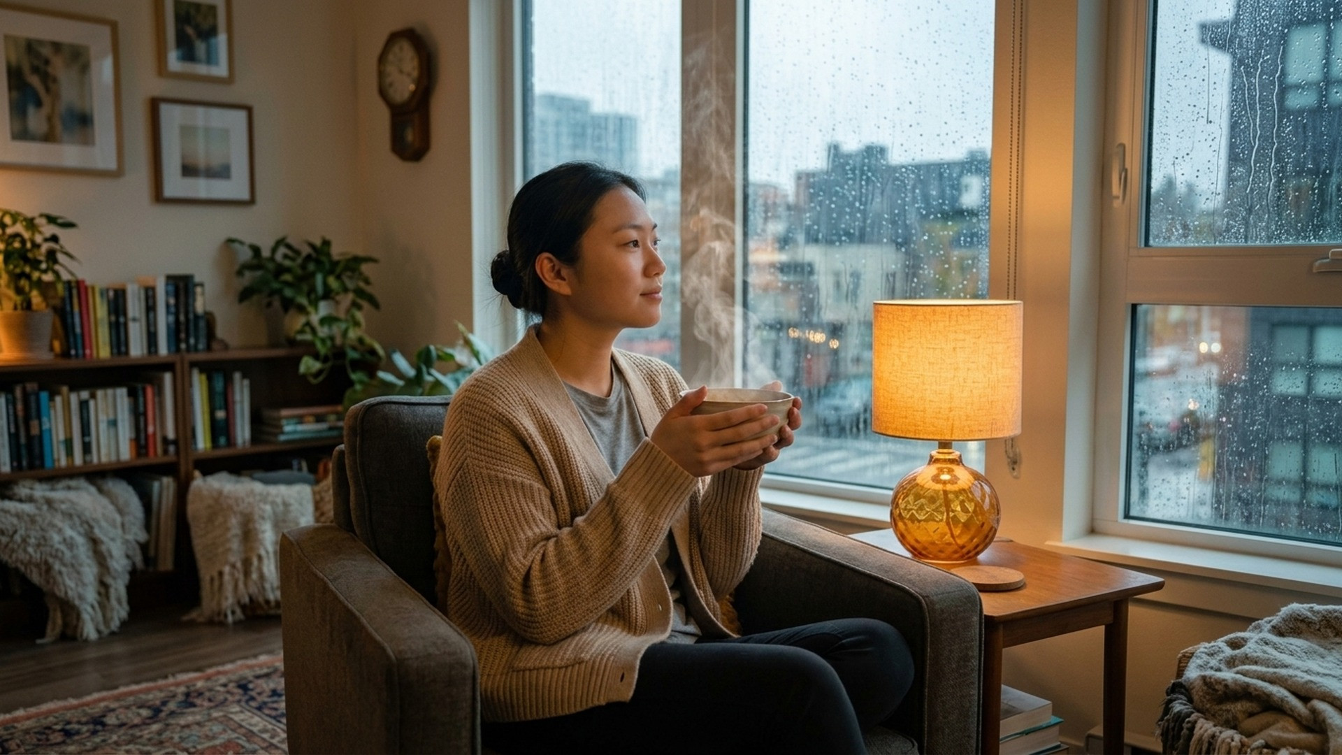 A woman holding a hot steaming ceramic bowl of broth near a rainy window with warm lamp light.