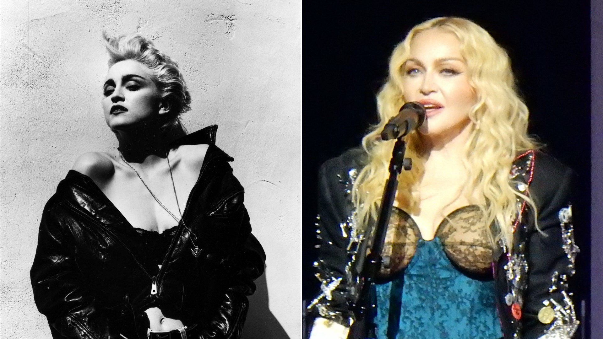 50/50 split comparison of Madonna in 1987 and on her 2023 Celebration Tour