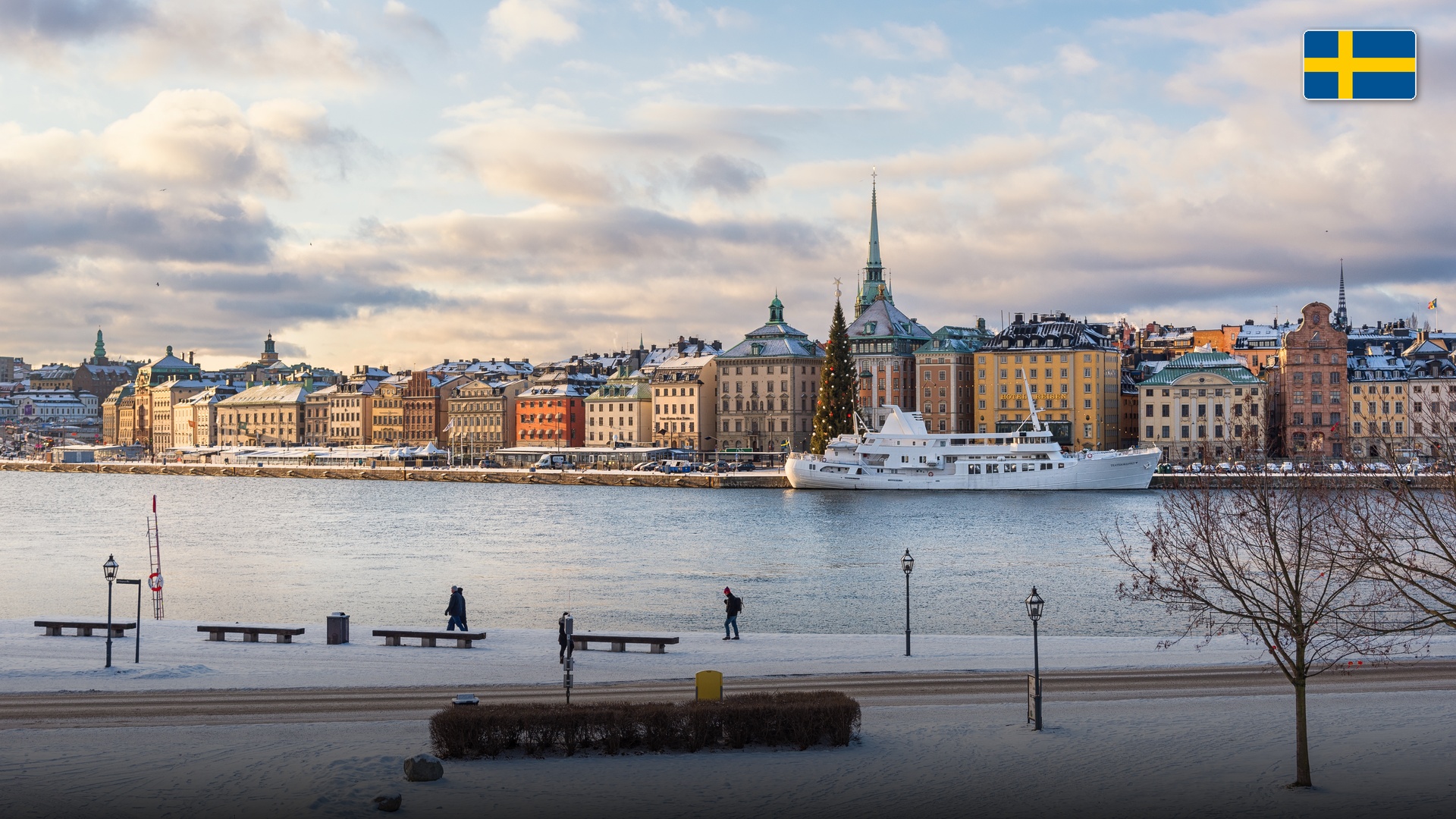 Stockholm Old Town Gamla Stan waterfront seen from Monteliusvagen with historic spires.