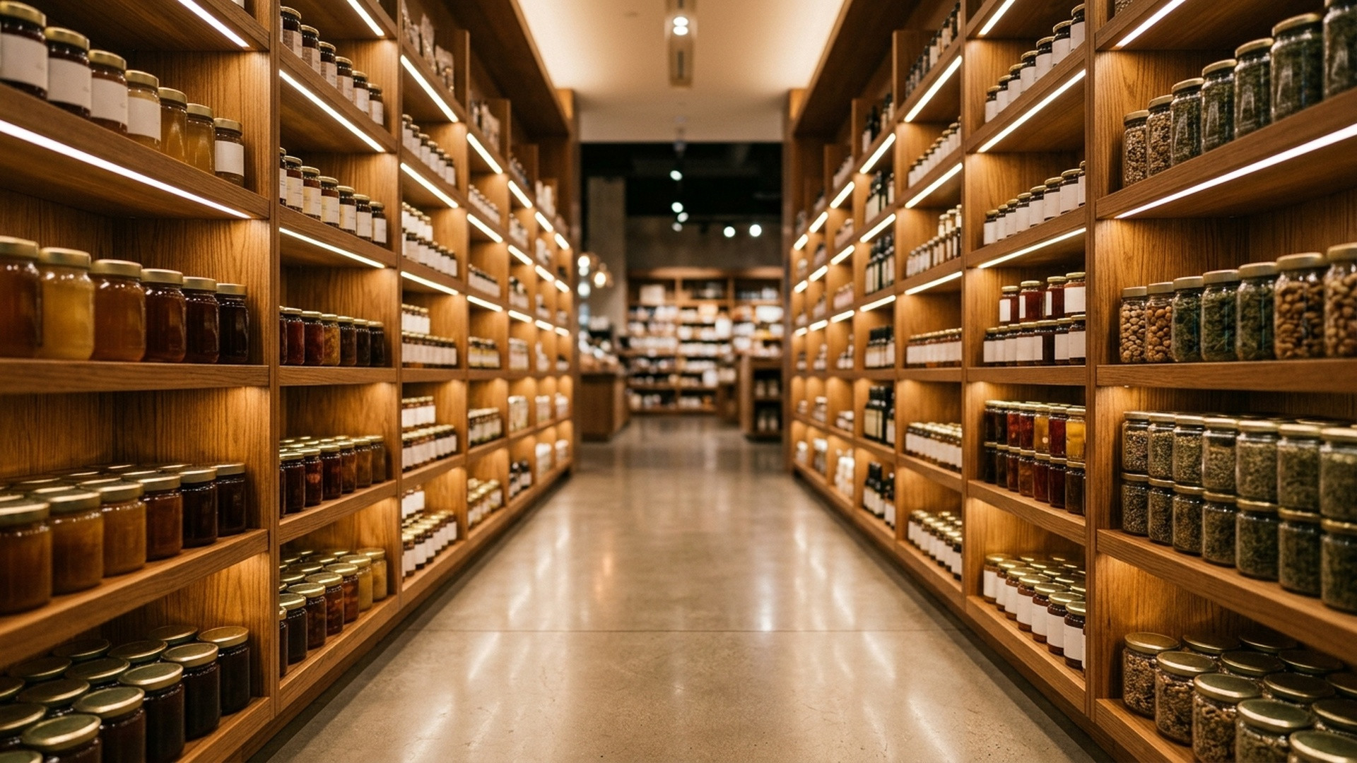 Perspective shot down a neatly organized supermarket shelf at eye level with soft depth of field.