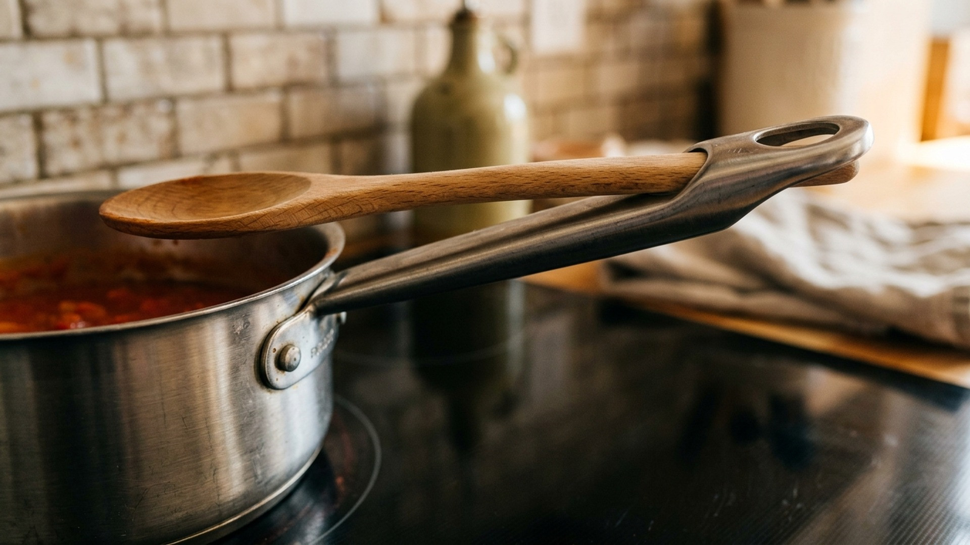 A brushed stainless steel saucepan handle on a cooktop with a wooden spoon slotted neatly through the loop.