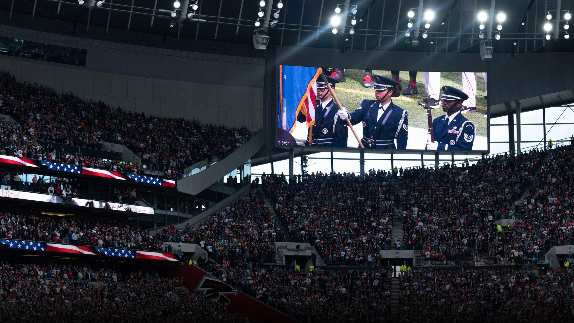 NFL International Series game atmosphere at Tottenham Hotspur Stadium in London.