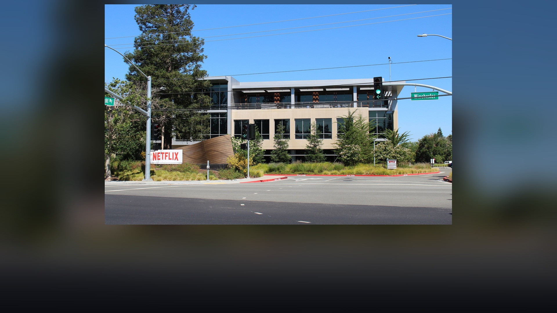 Exterior view of Netflix corporate world headquarters campus at 101 Albright Way in Los Gatos.