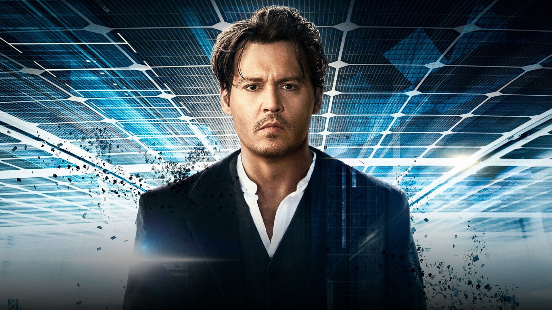 Johnny Depp as Dr. Will Caster with neural electrodes wired to his head as his consciousness uploads to quantum computer servers