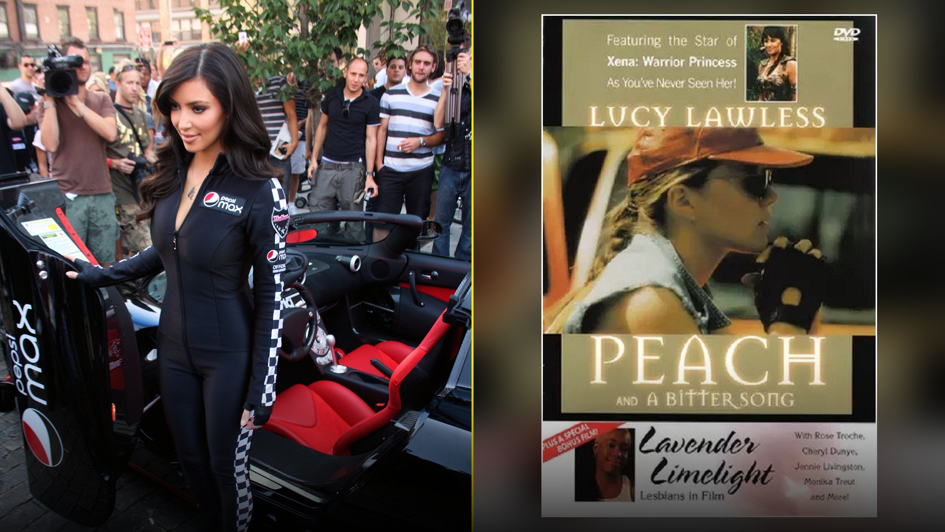Split slide showing Kim Kardashian in a black glamour dress on the left and the official Deep in the Valley movie poster on the right.