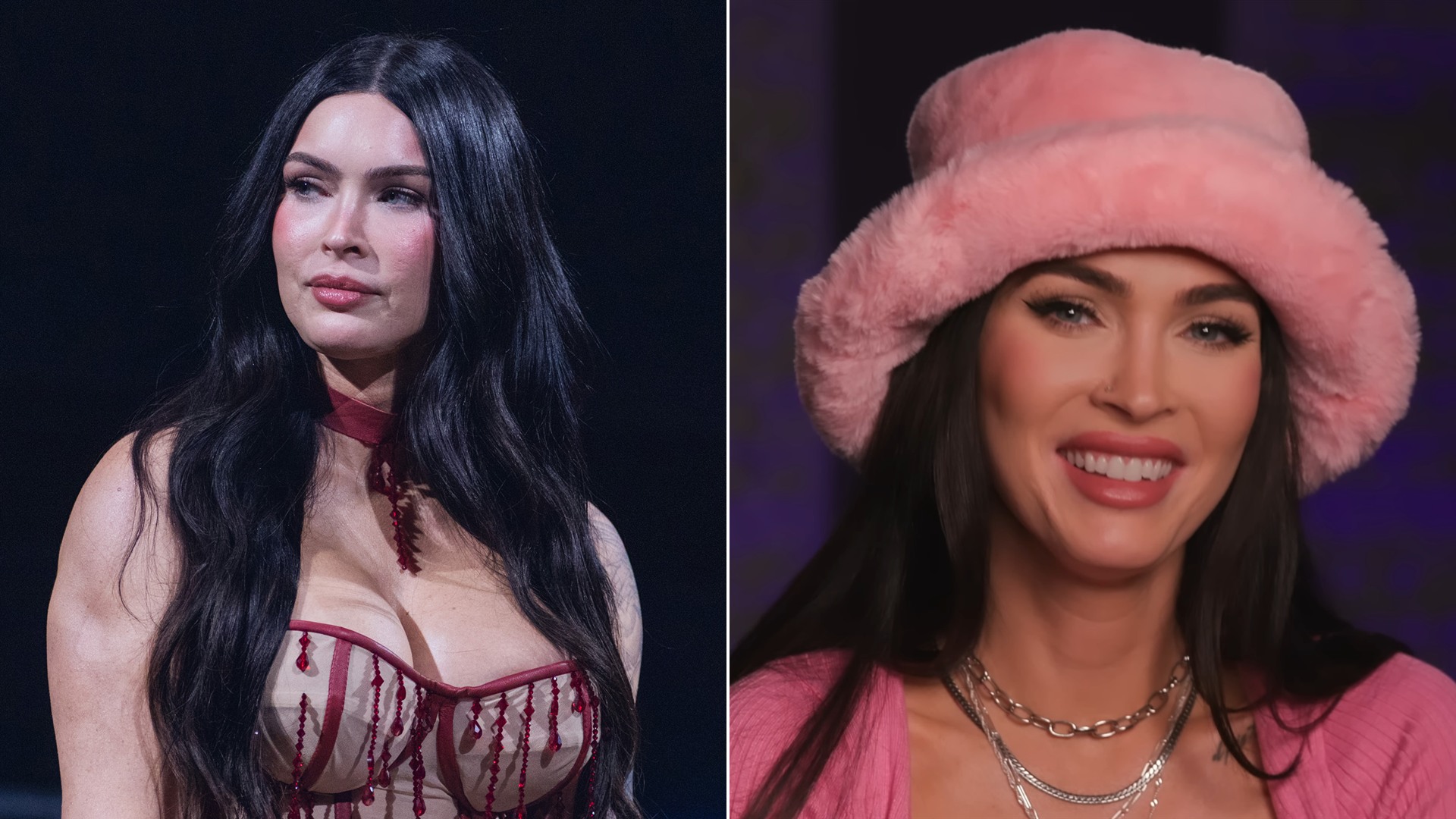 50/50 split comparison of Megan Fox in 2007 and in recent years