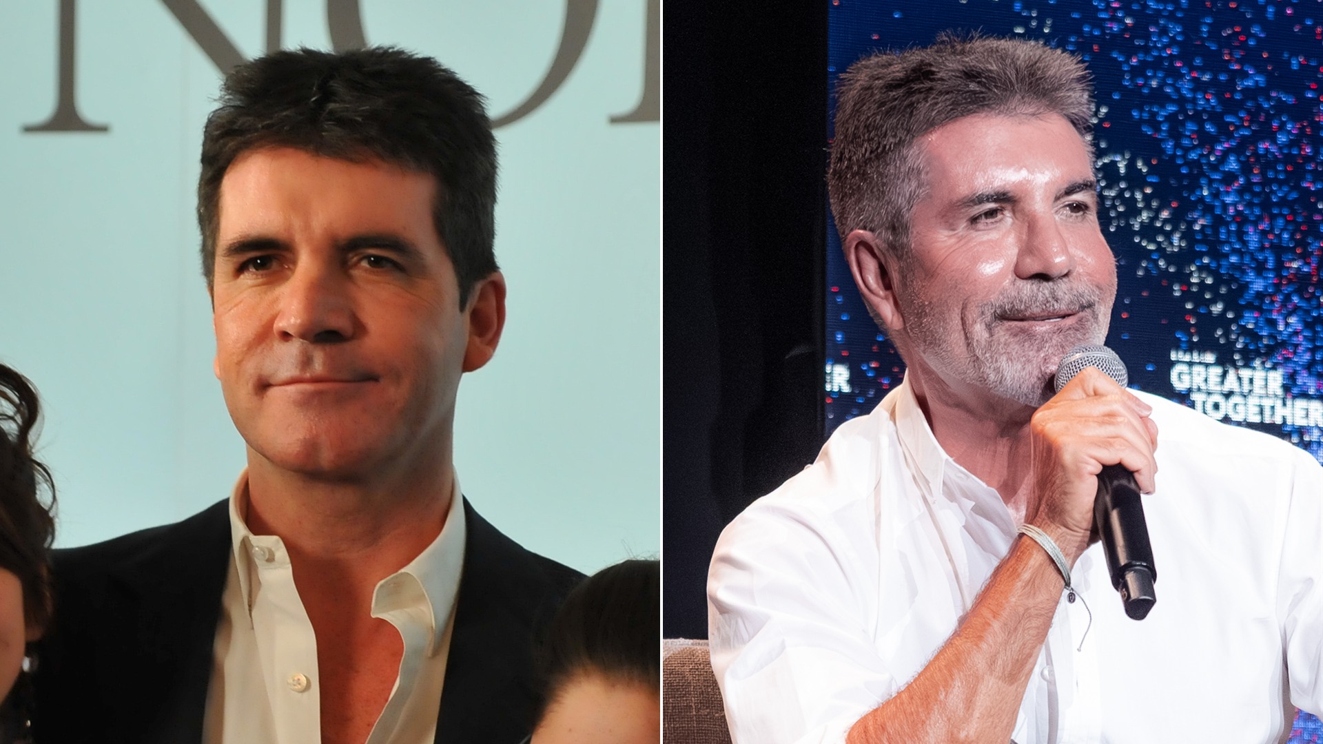 50/50 split comparison of Simon Cowell early in his TV career and in 2026