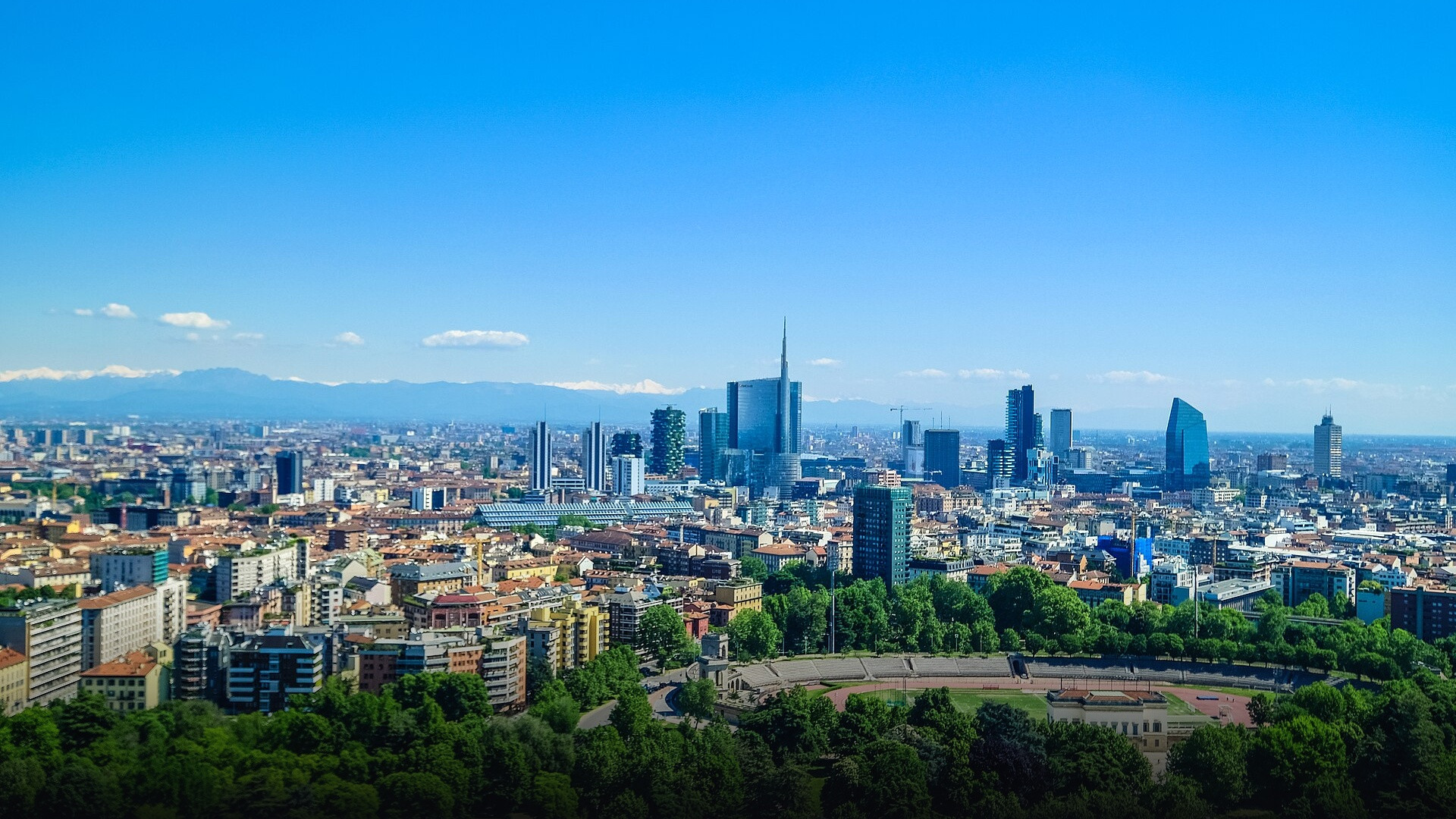 Porta Nuova business district skyline in Milan showing contemporary glass towers.