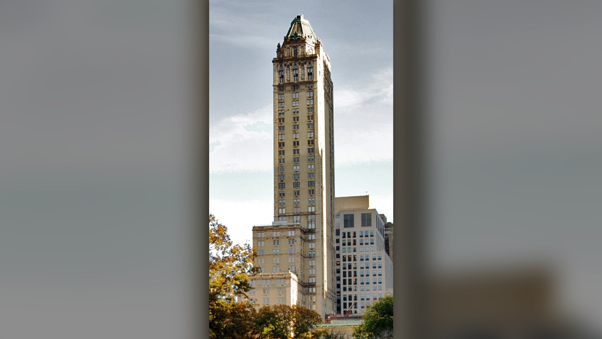 The luxury Pierre Hotel tower on Fifth Avenue overlooking Central Park in Manhattan, New York City.